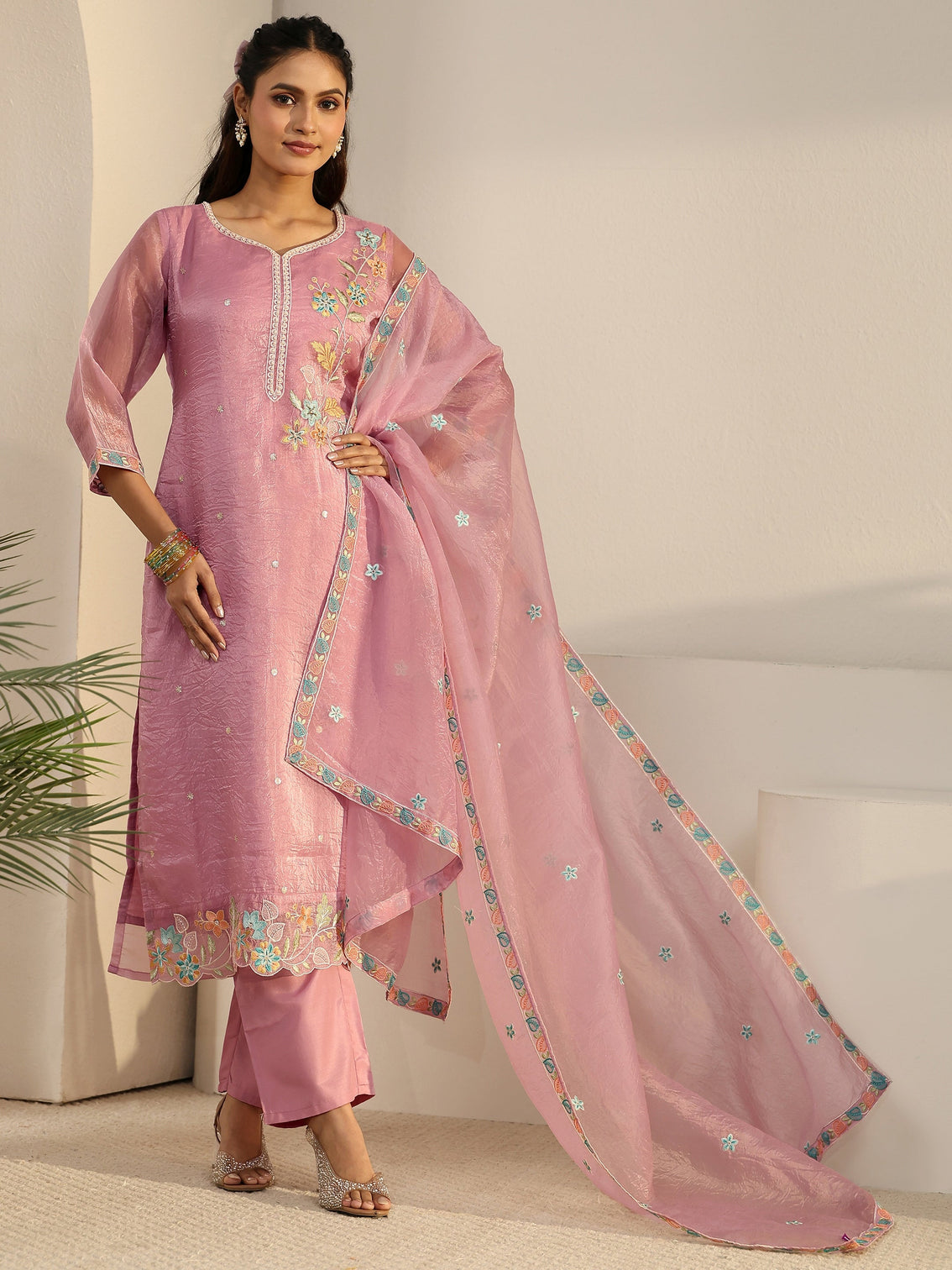 Mameraa Pink Floral Embroidered Organza Straight Suit Set