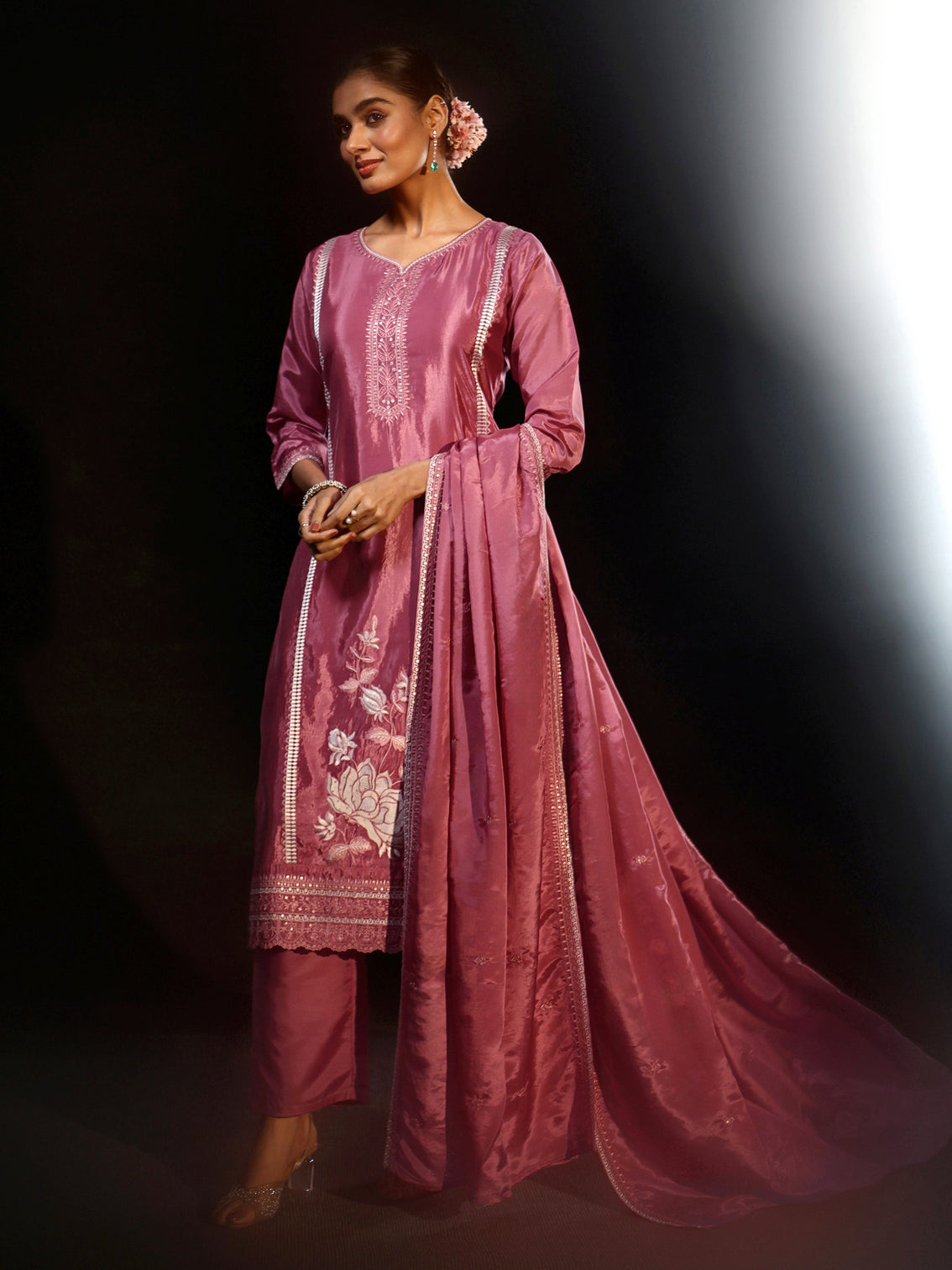 Mameraa Pink Floral Embroidered Organza Straight Suit Set