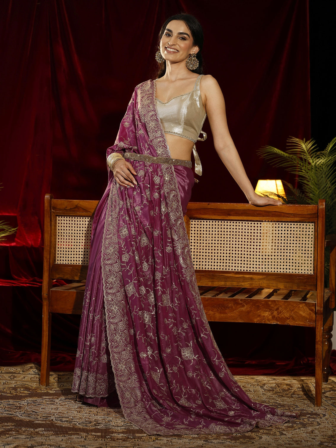Mameraa Pink Floral Embroidered Satin Saree