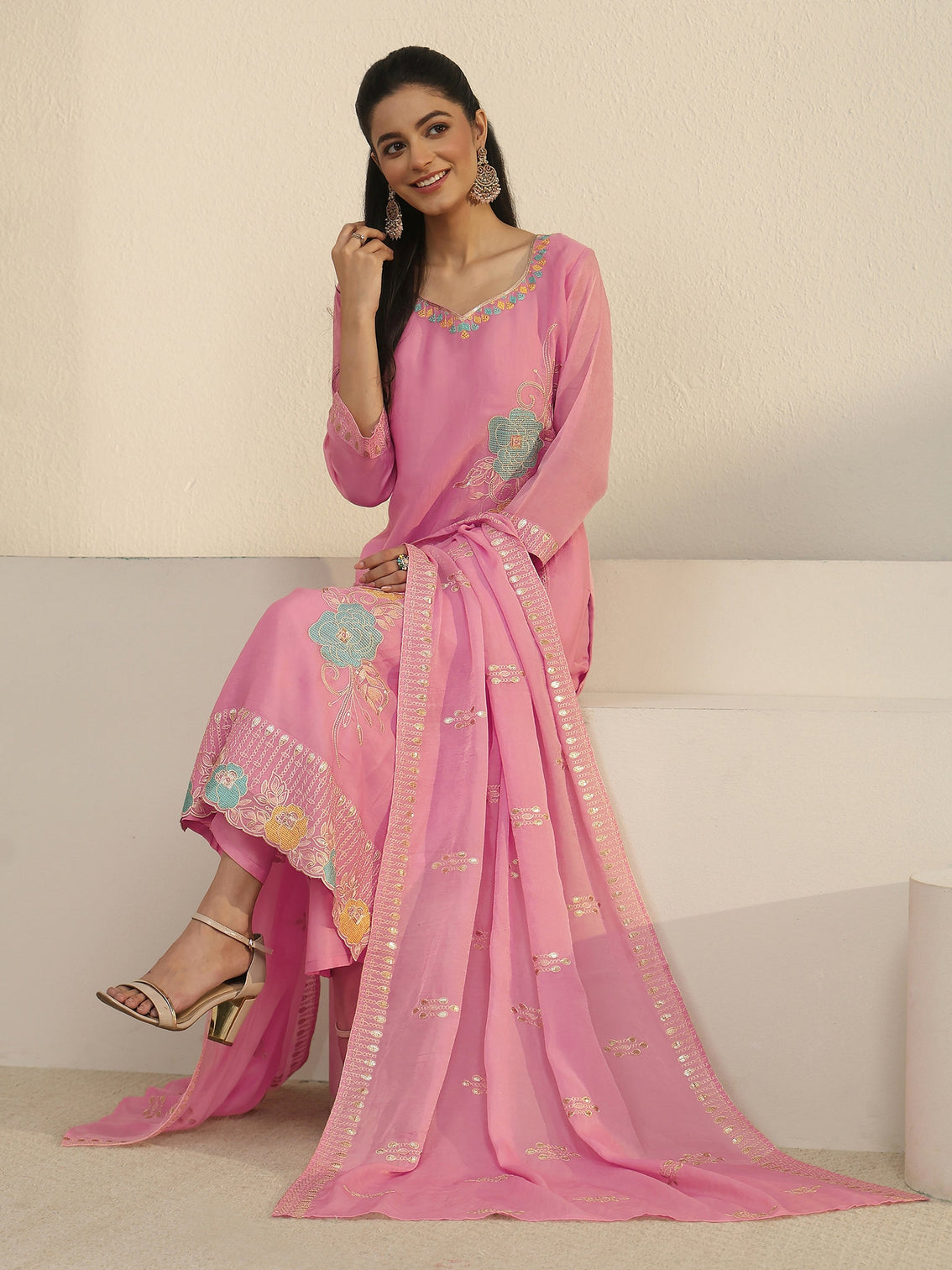 Mameraa Pink Floral Embroidered Silk Blend Straight Suit Set