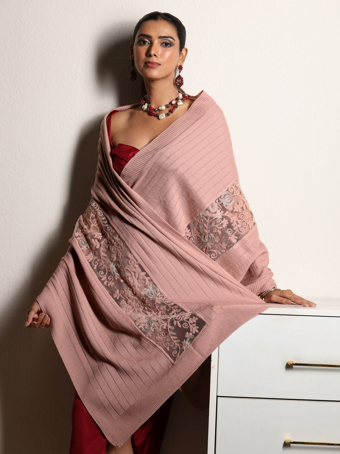 Mameraa Pink Floral Knitted Lace Acrylic Wrap Shawl