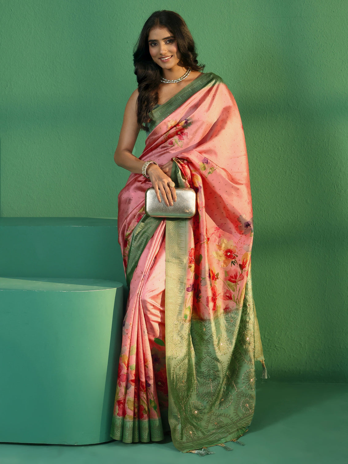 Mameraa Pink Floral Print Silk Blend Saree with Embellished Border