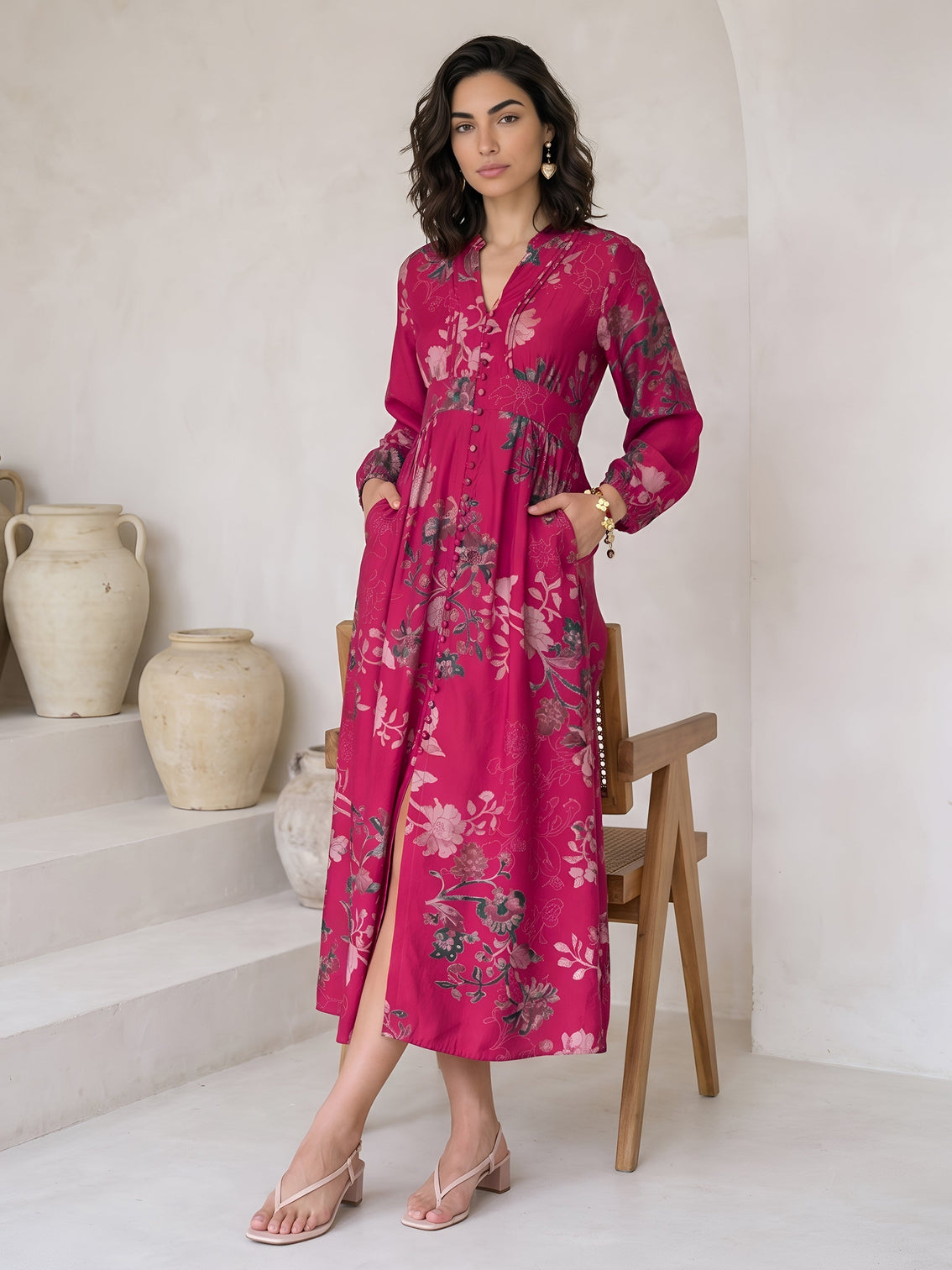 Mameraa Pink Floral Printed A-Line Silk Blend Dress
