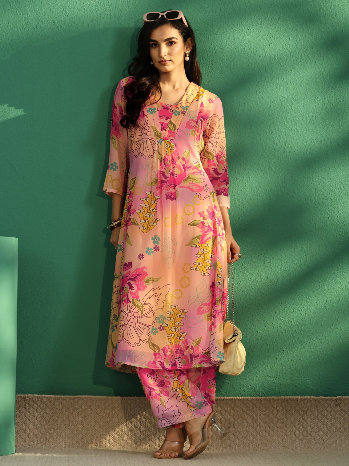 Mameraa Pink Floral Printed Chiffon A-Line Kurta Set