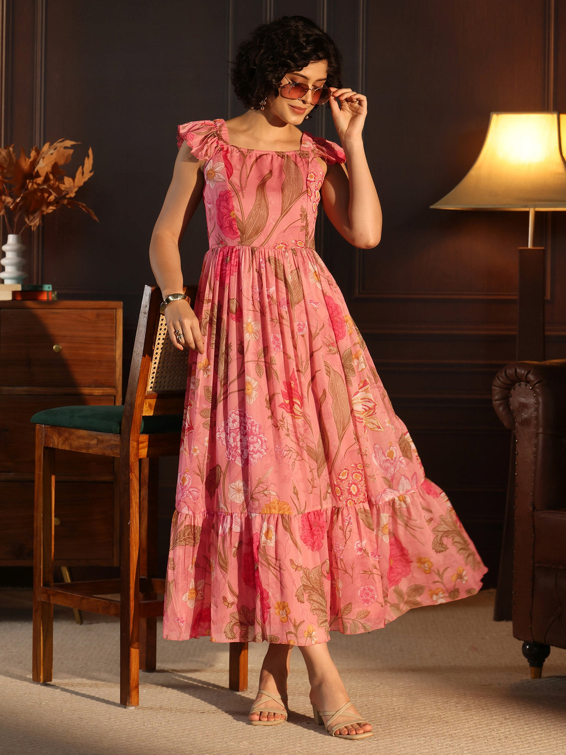 Mameraa Pink Floral Printed Chiffon Fit And Flare Dress