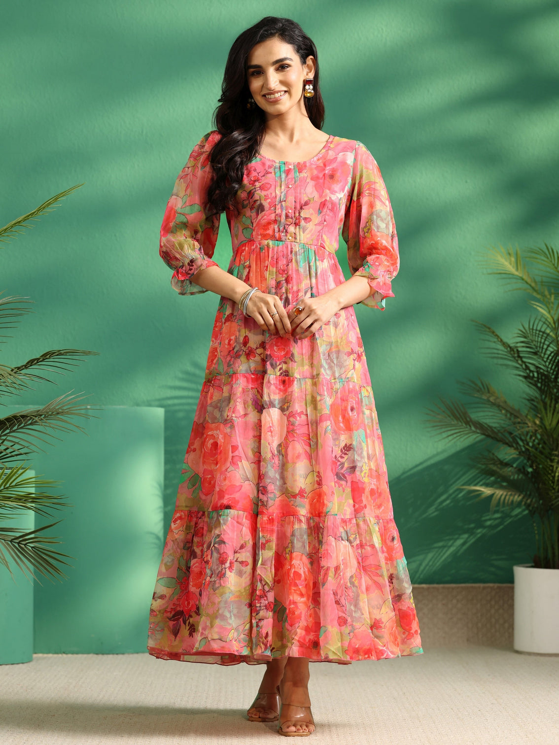 Mameraa Pink Floral Printed Chiffon Tiered Dress