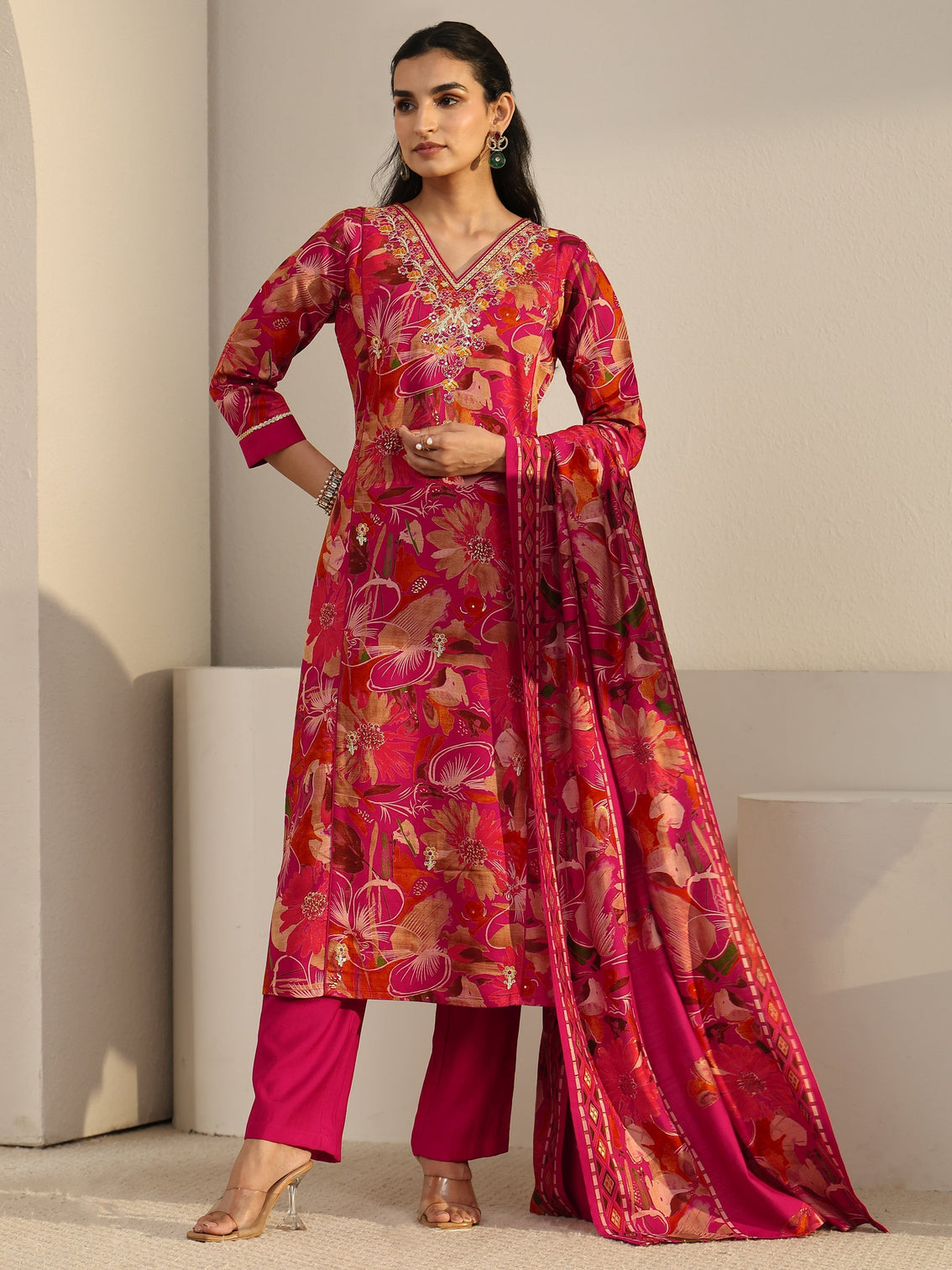 Mameraa Pink Floral Printed Cotton Blend Straight Suit Set