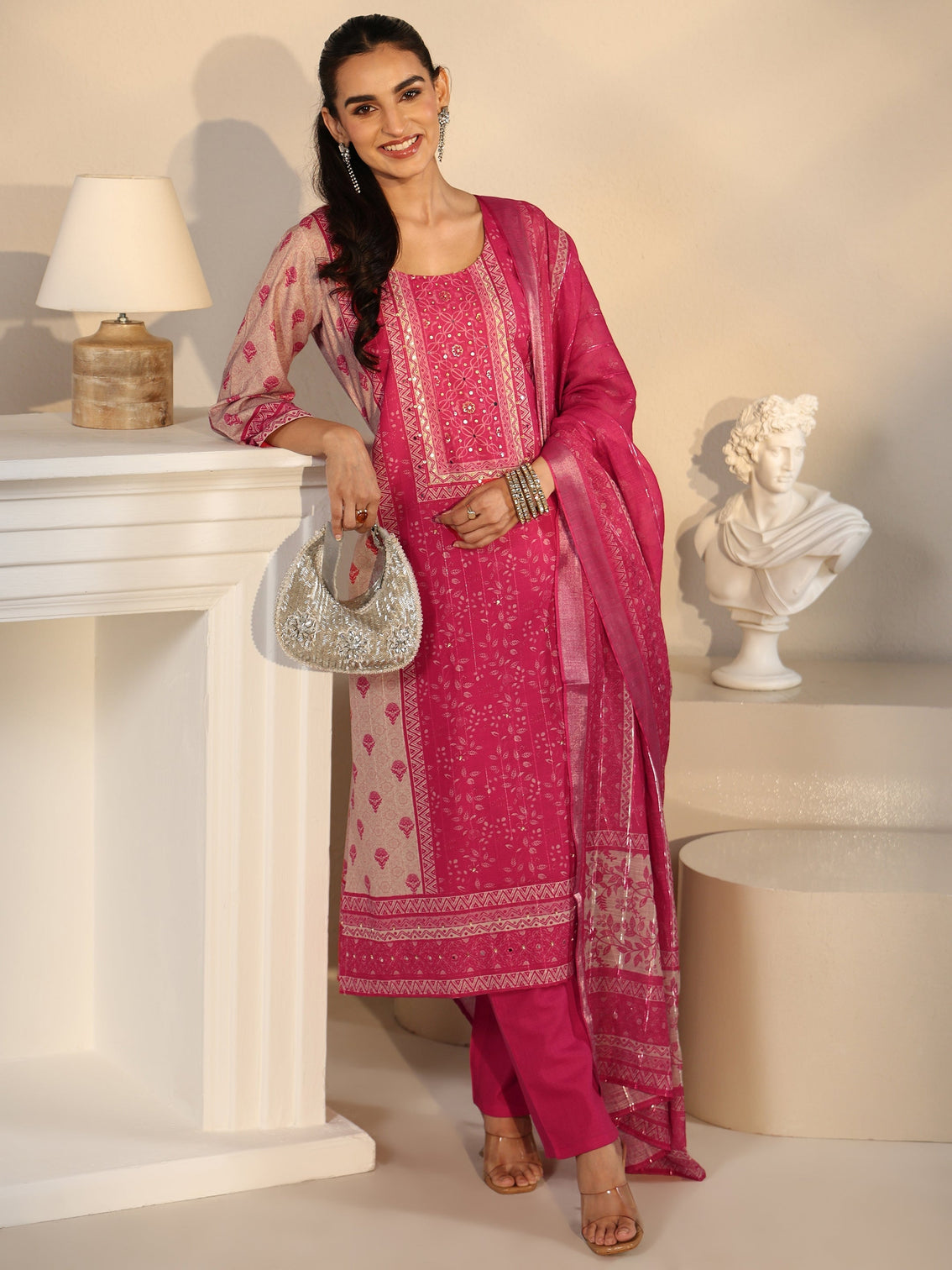 Mameraa Pink Floral Printed Linen Straight Suit Set