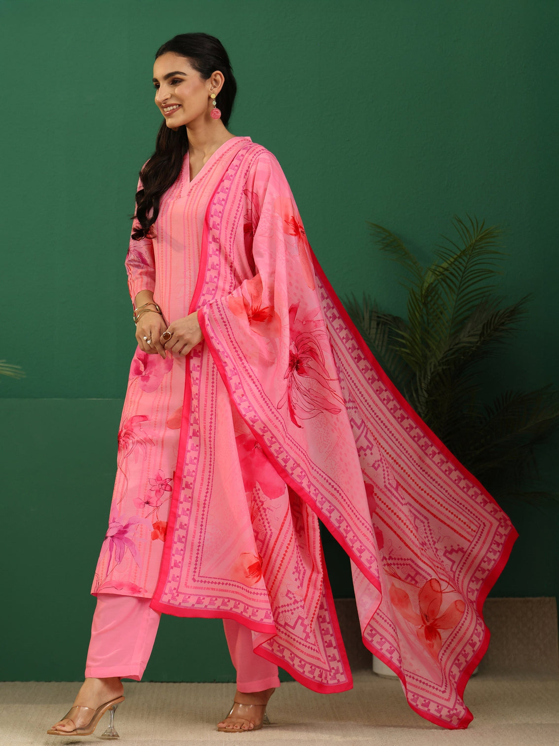 Mameraa Pink Floral Printed Muslin A-Line Suit Set