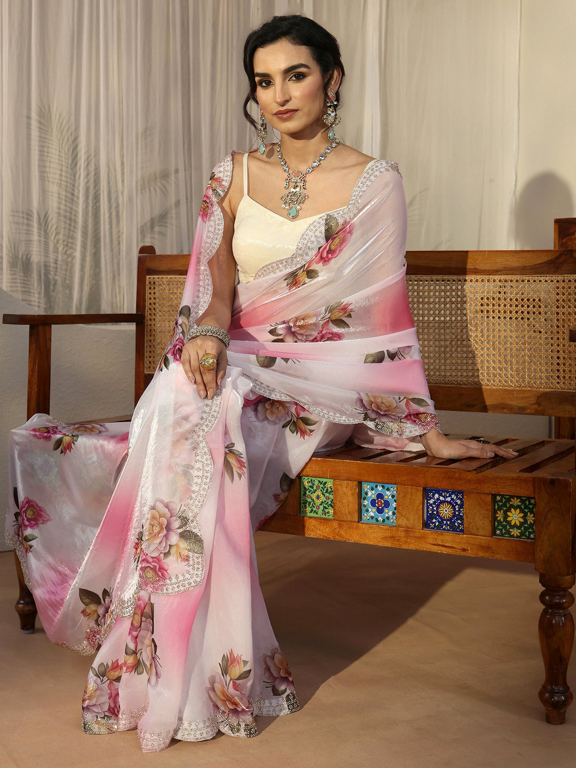 Mameraa Pink Floral Printed Satin Saree with Scalloped Border