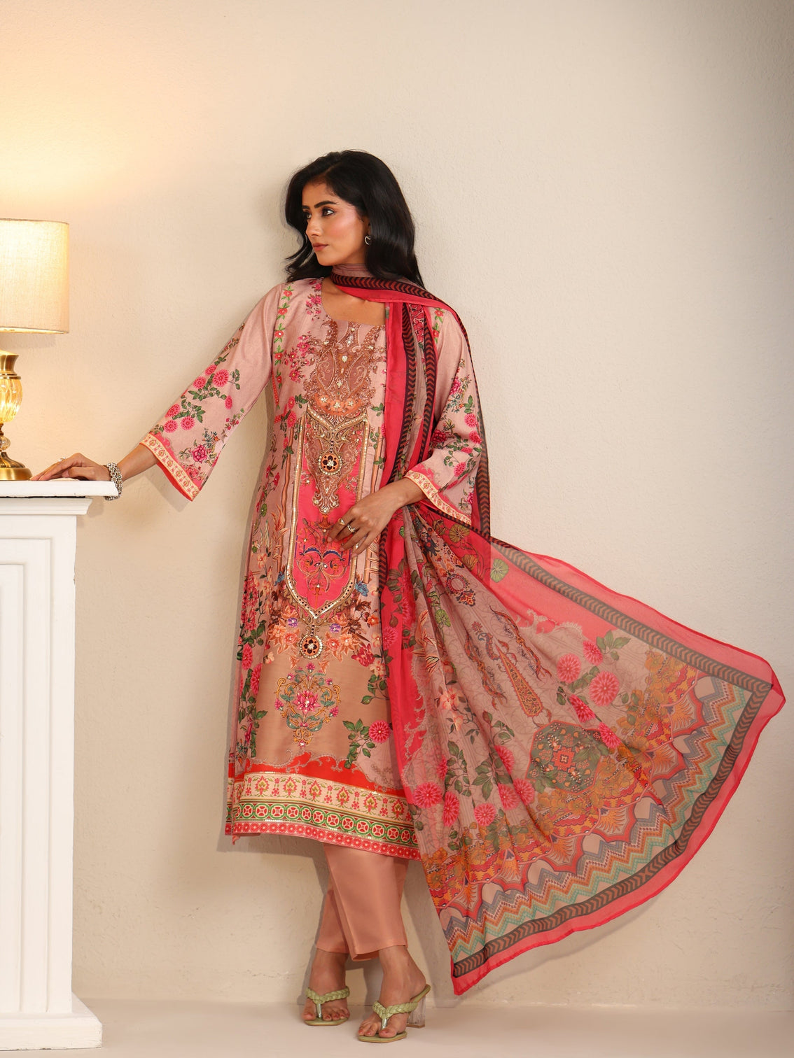 Mameraa Pink Floral Printed Silk Blend Straight Suit Set