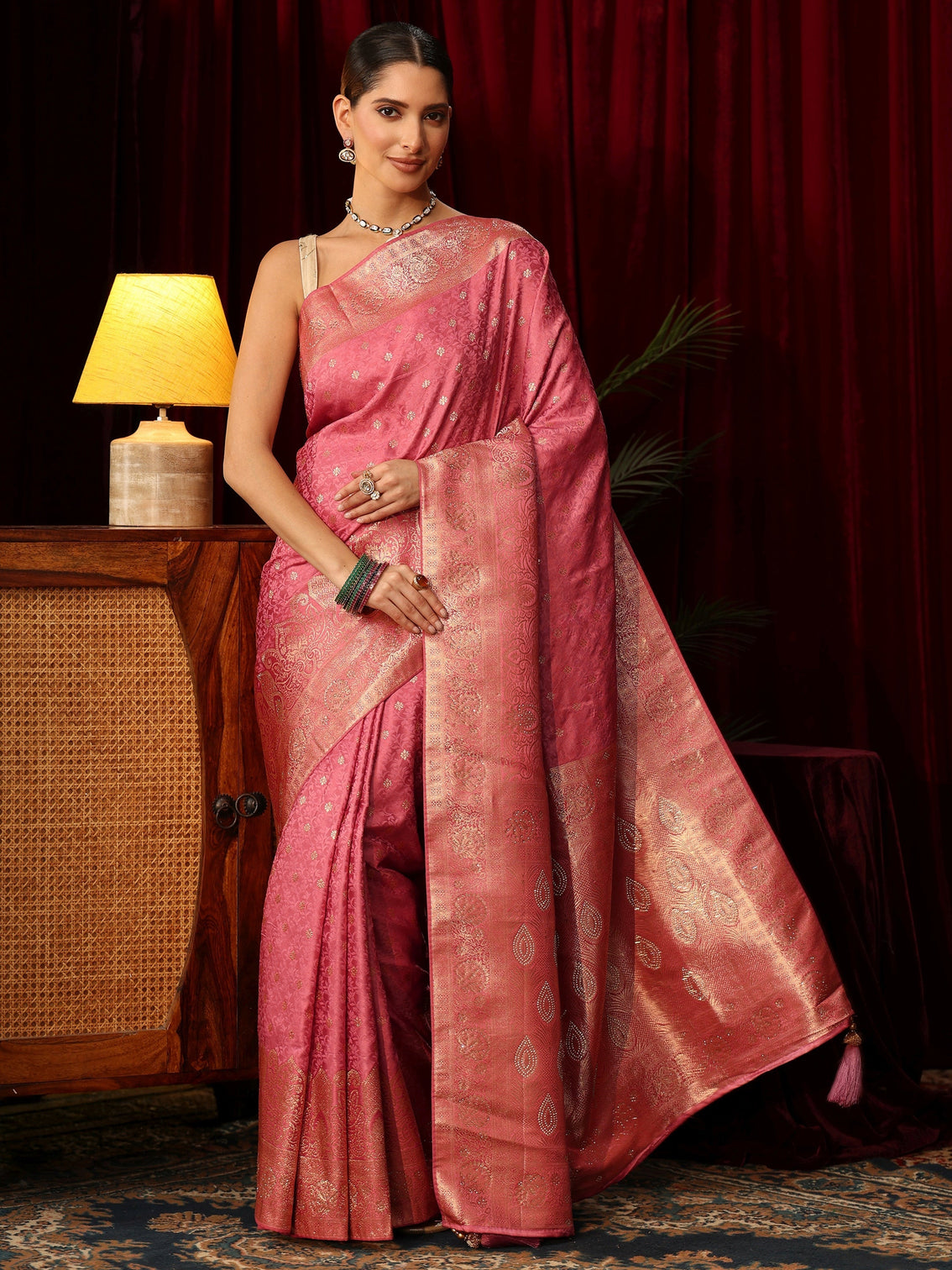 Mameraa Pink Floral Woven Design Satin Saree with Embellished Pallu