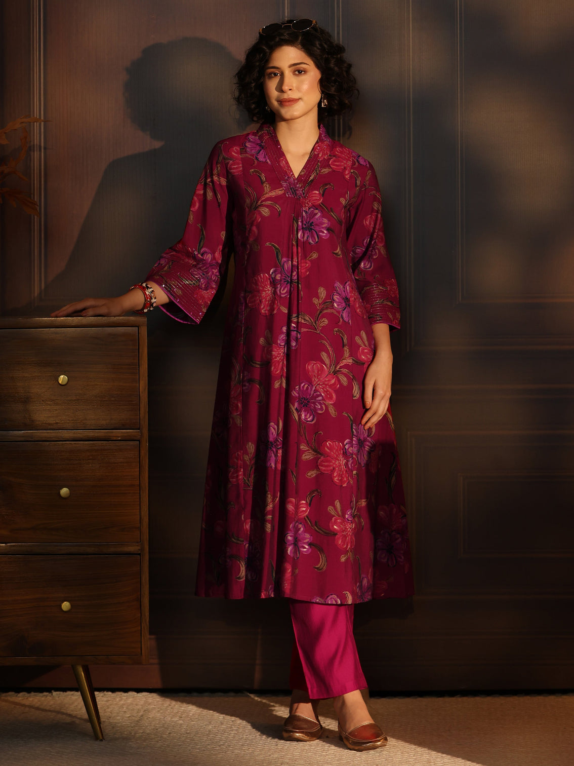 Mameraa Pink Floral printed A-Line Kurta
