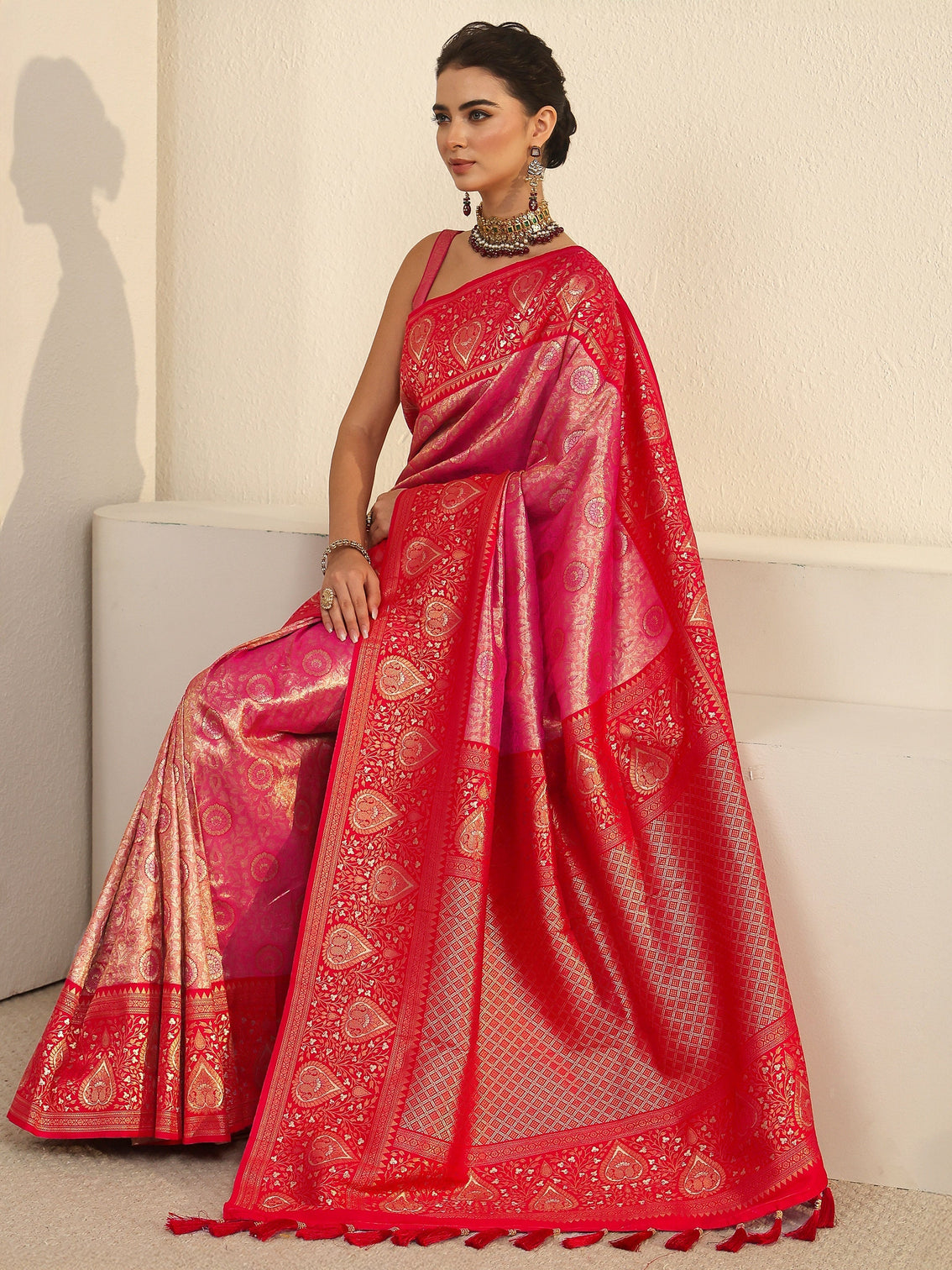 Mameraa Pink Leaf Woven Design Brocade Saree