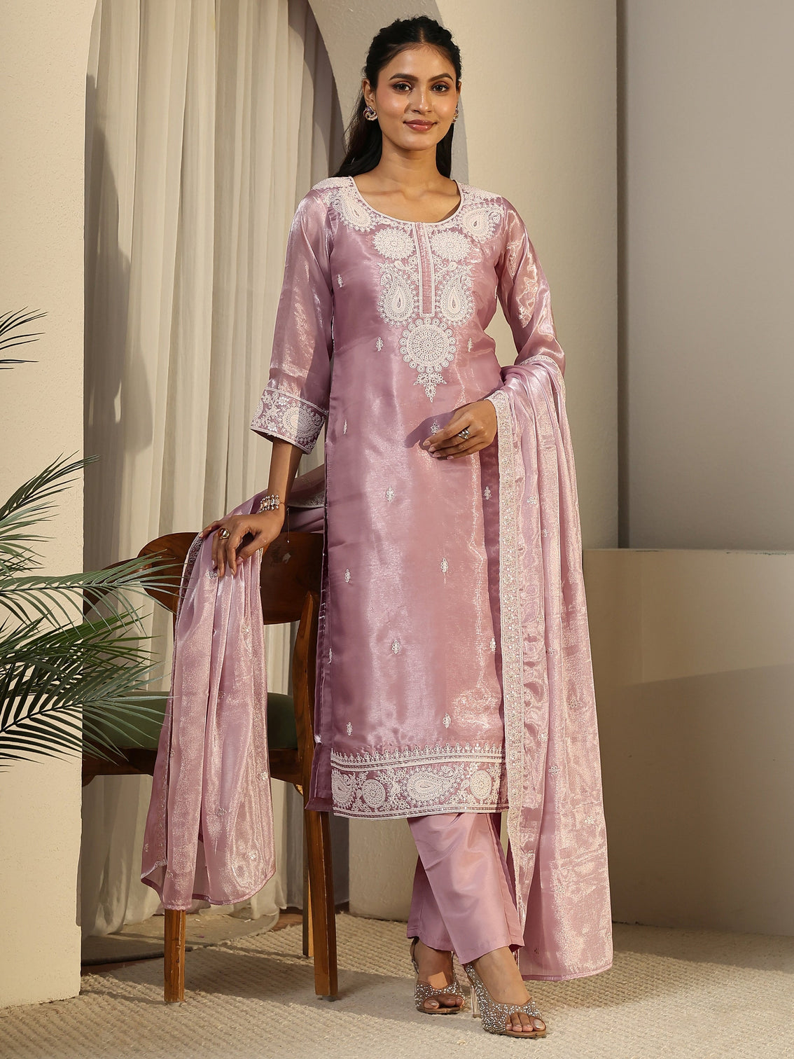 Mameraa Pink Paisley Embroidered Tissue Straight Suit Set