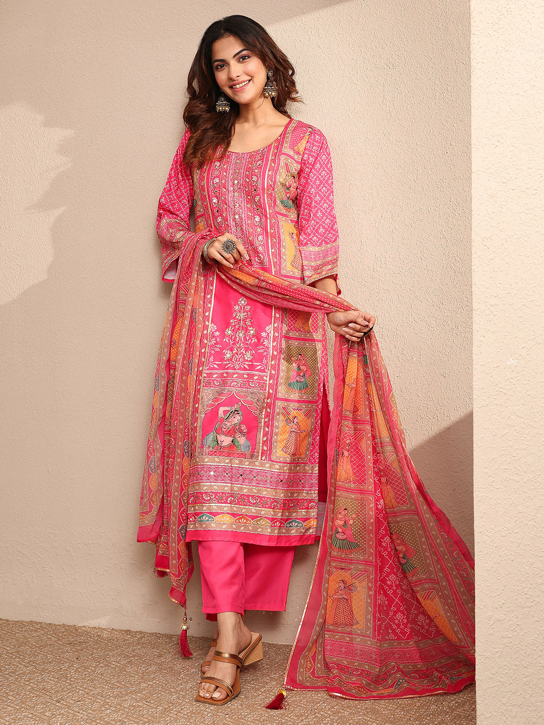 Mameraa Pink Printed Silk blend Straight Suit Set With Dupatta
