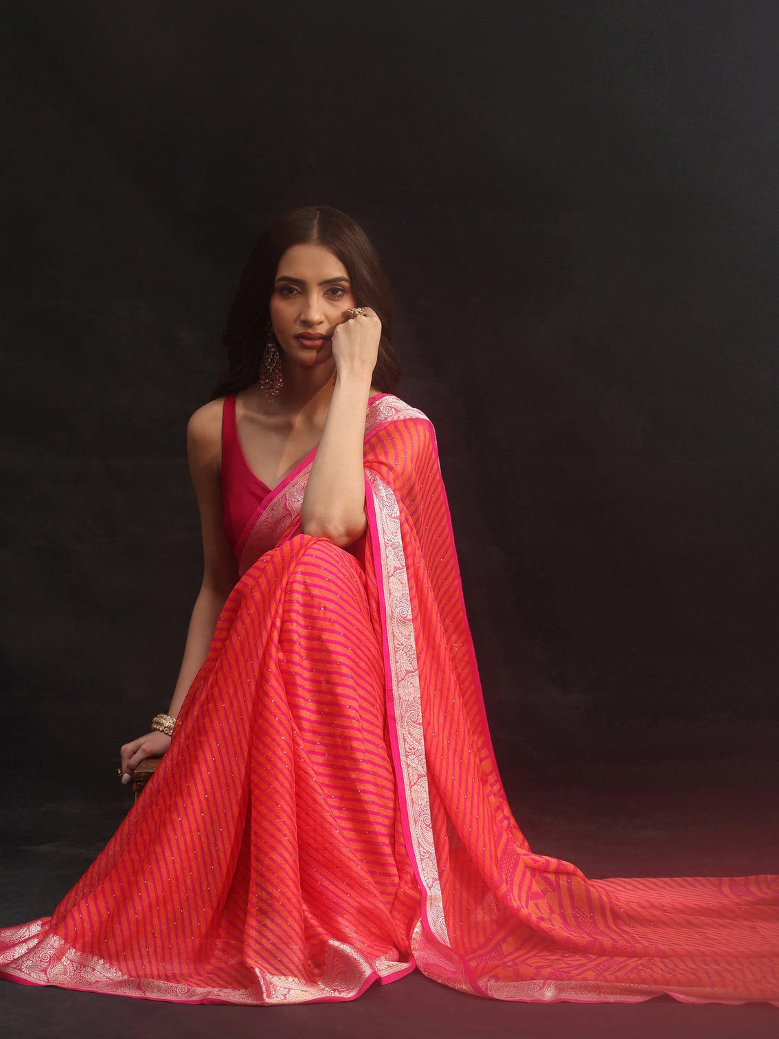 Mameraa Pink Striped Chiffon Saree with Paisley Border