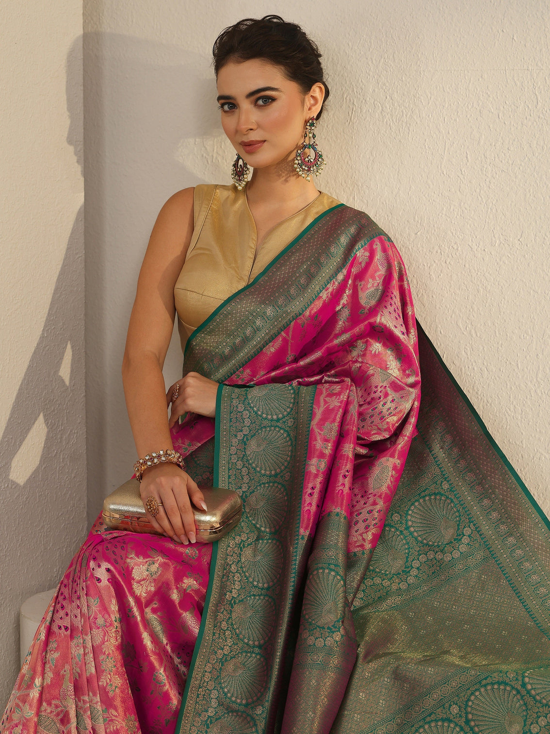 Mameraa Pink and Blue Floral Woven Design Silk Blend Saree