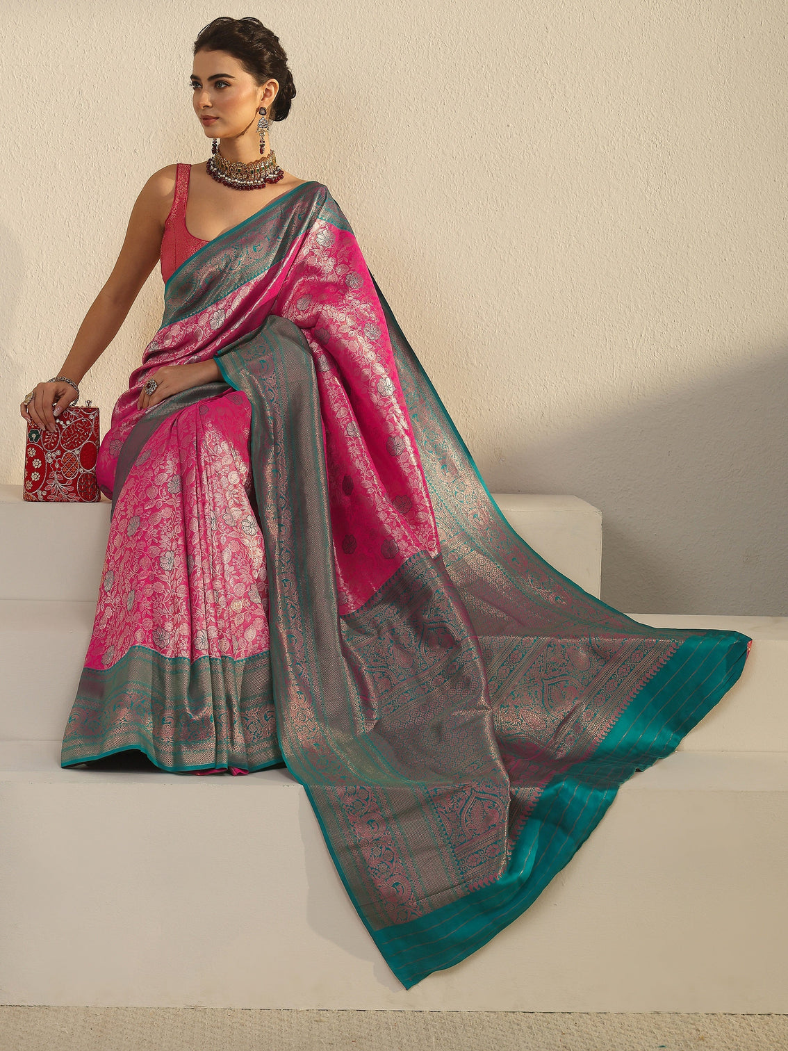 Mameraa Pink and Blue Floral Woven Design Silk Blend Saree