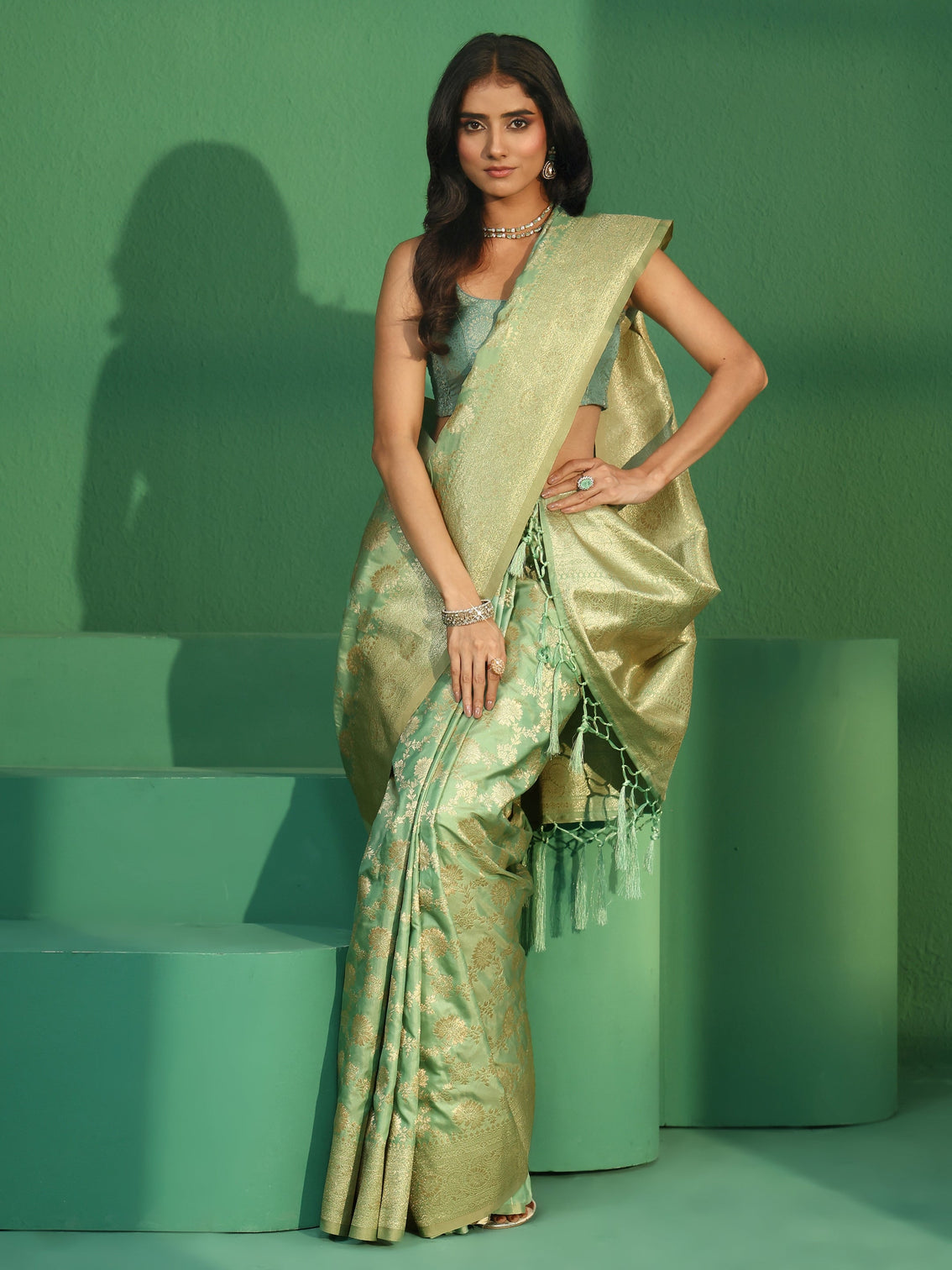 Mameraa Pista Green Banarasi Silk Blend Saree