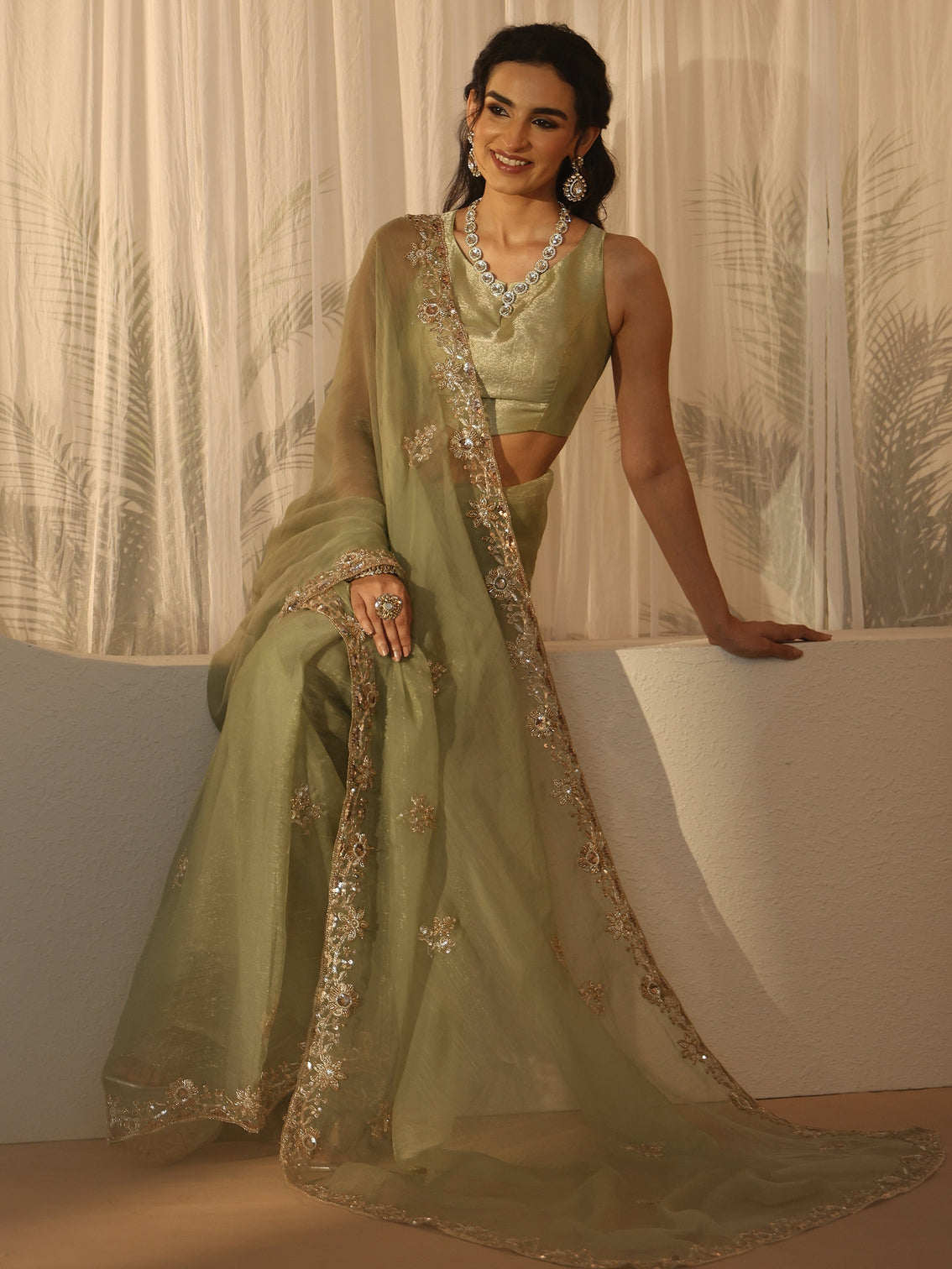 Mameraa Pista Green Floral Embellished Tissue Saree