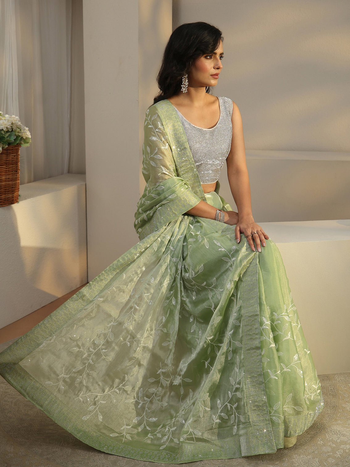 Mameraa Pista Green Floral Embellished Tissue Saree
