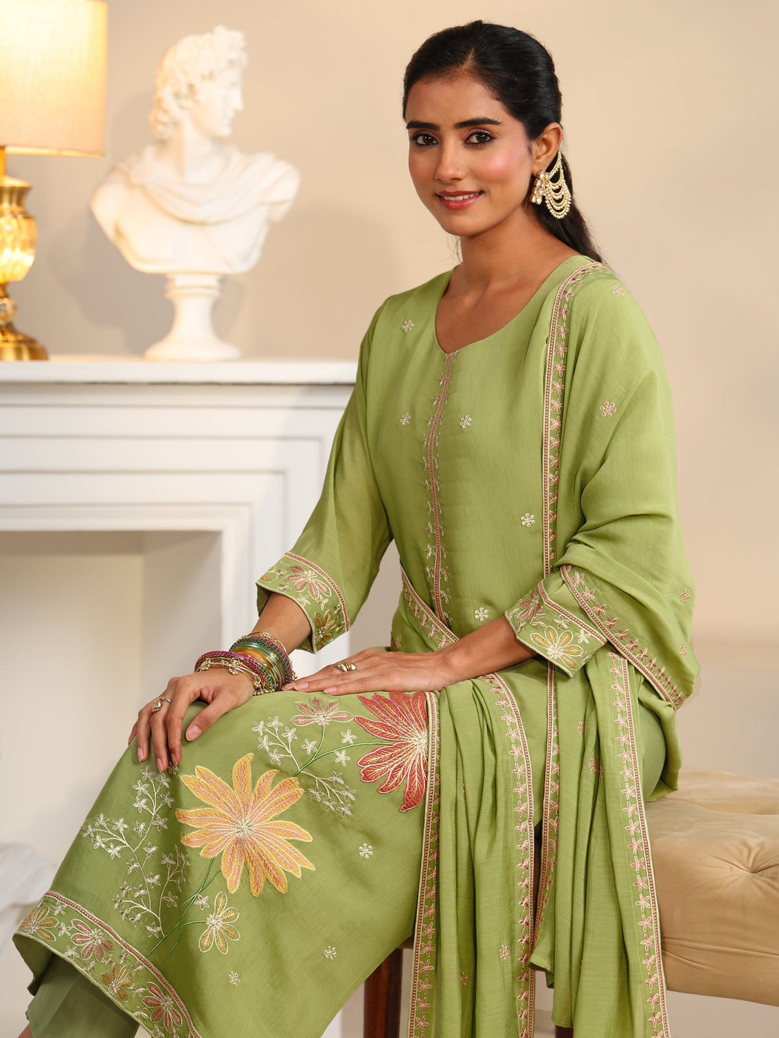 Mameraa Pista Green Floral Embroidered Chanderi Silk Straight Suit Set