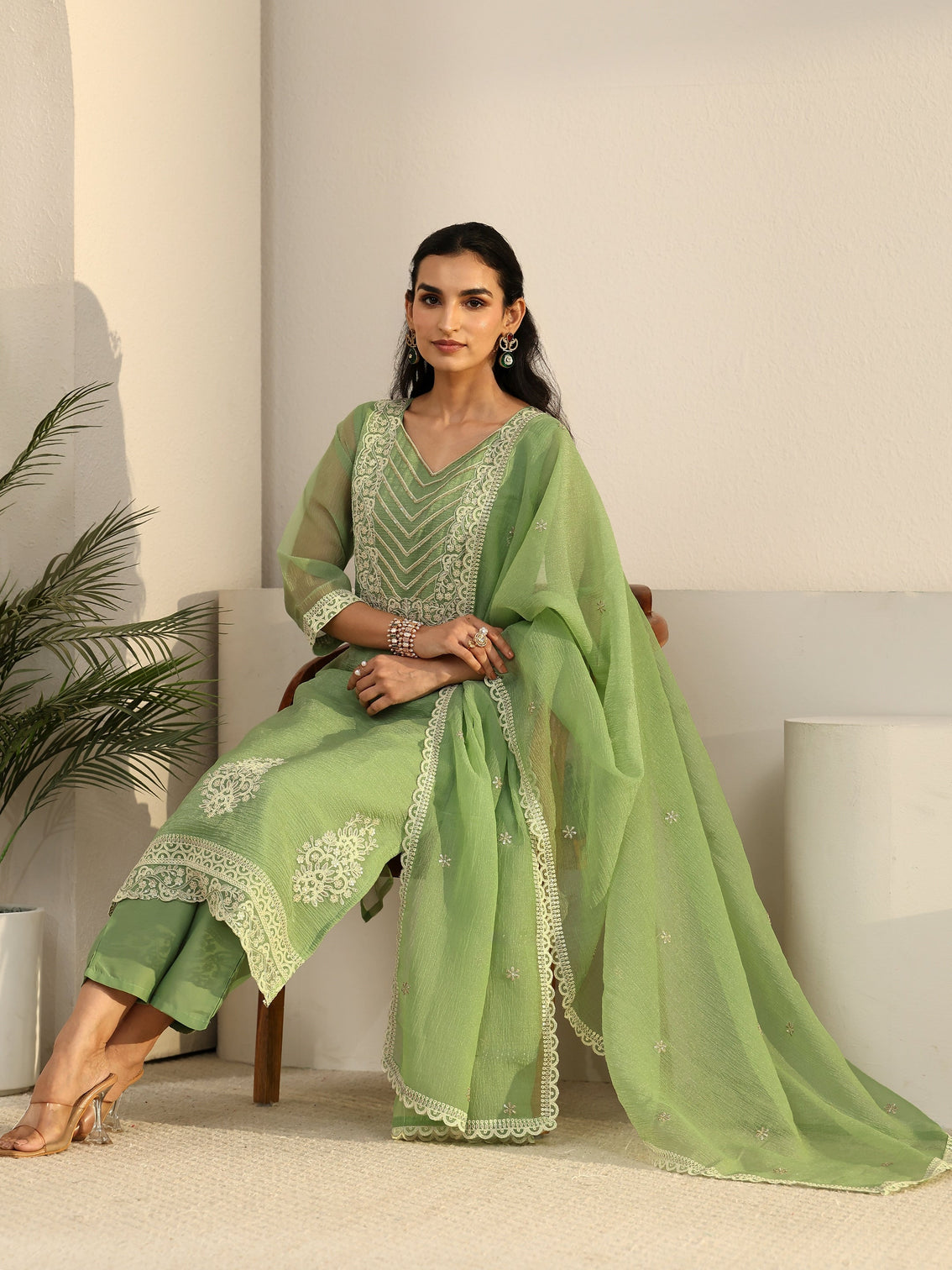 Mameraa Pista Green Floral Embroidered Chiffon Straight Suit Set