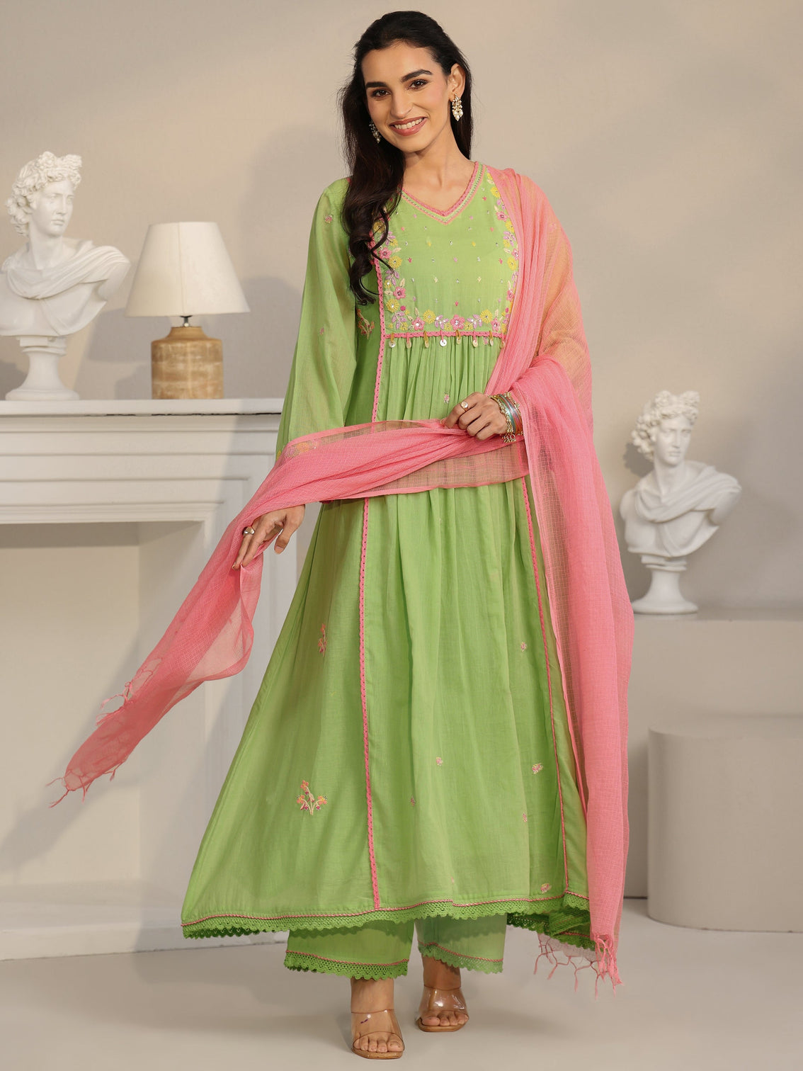 Mameraa Pista Green Floral Embroidered Cotton Anarkali Suit Set