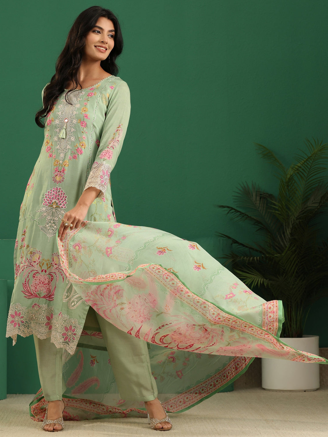 Mameraa Pista Green Floral Embroidered Crepe Straight Suit Set