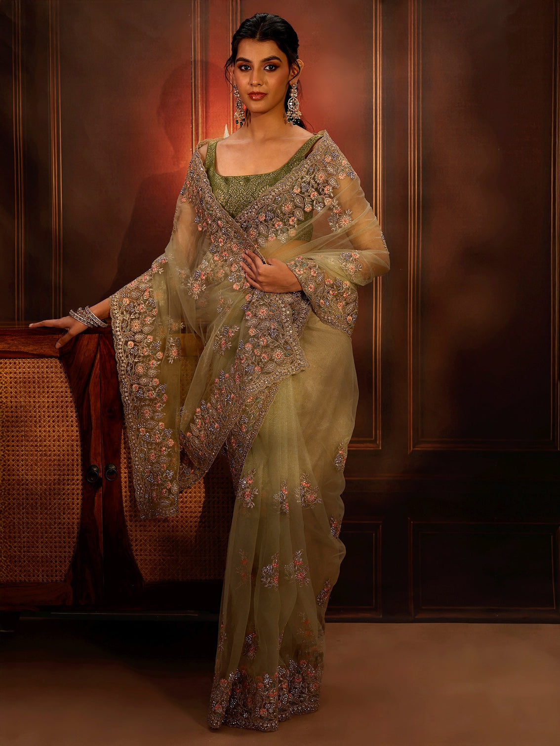Mameraa Pista Green Floral Embroidered Net Saree