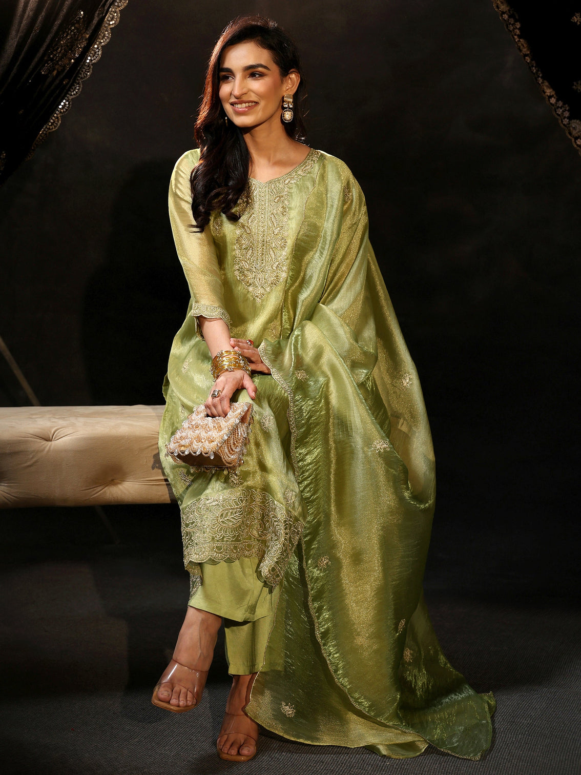 Mameraa Pista Green Floral Embroidered Organza Straight Suit Set