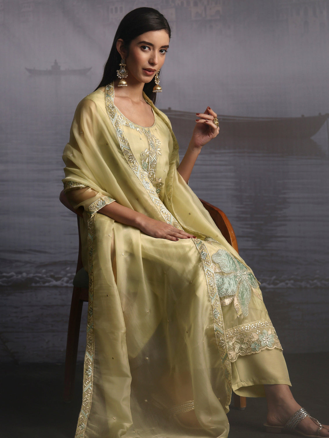 Mameraa Pista Green Floral Embroidered Organza Straight Suit Set