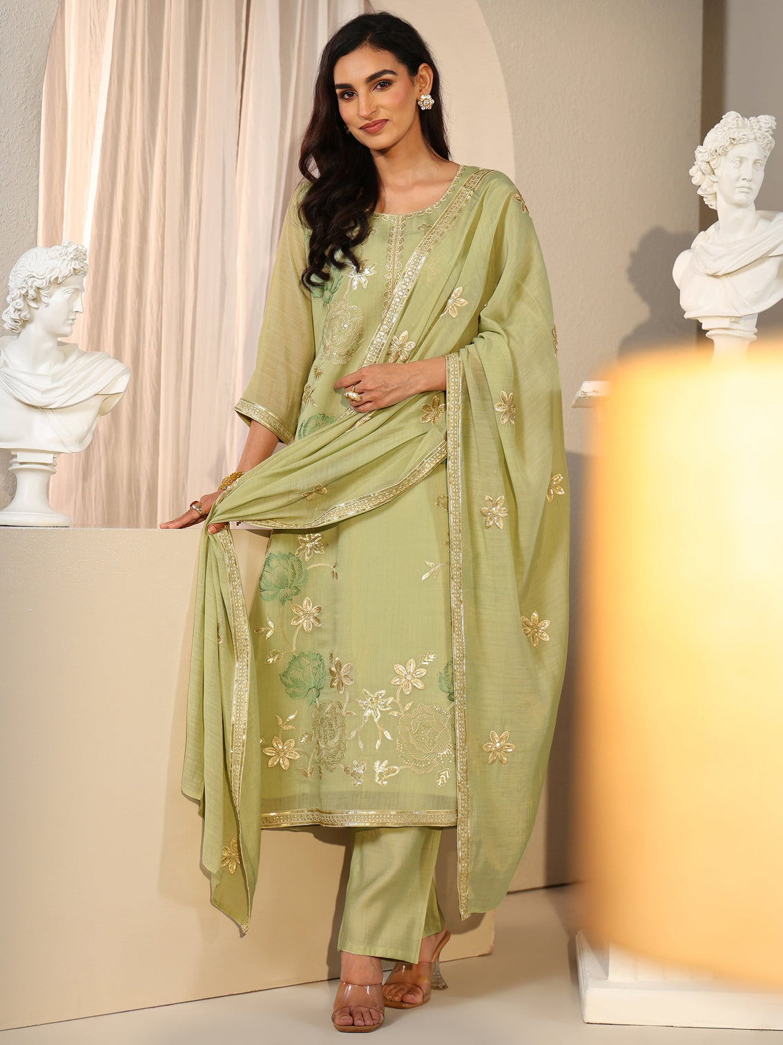Mameraa Pista Green Floral Embroidered Silk Blend Straight Suit Set