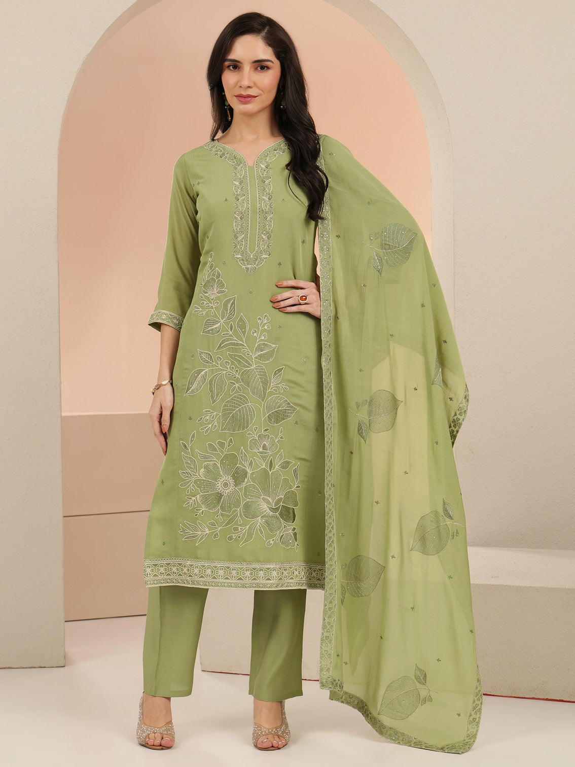 Mameraa Pista Green Floral Embroidered Silk Blend Straight Suit Set