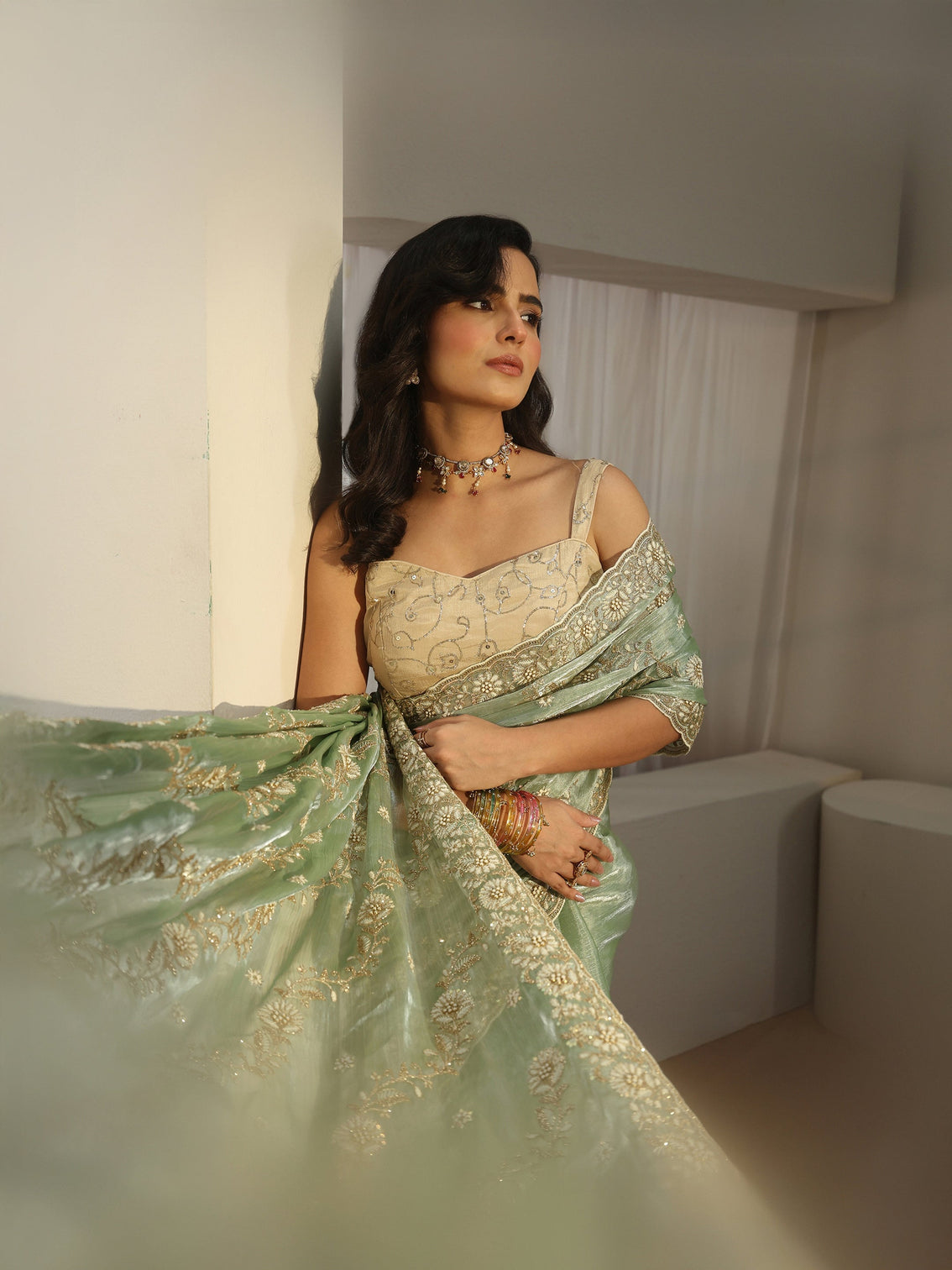 Mameraa Pista Green Floral Embroidered Tissue Saree