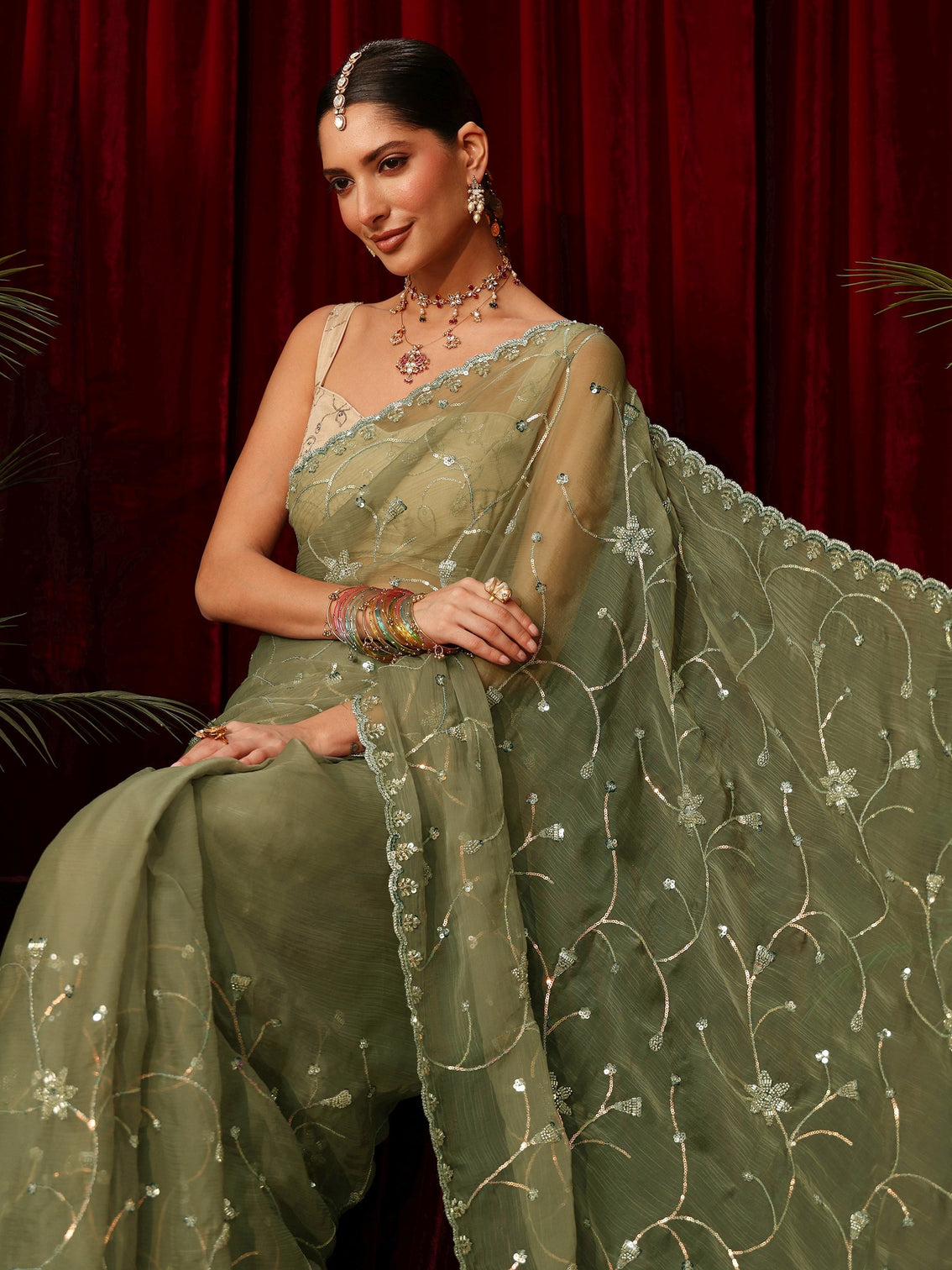 Mameraa Pista Green Floral Sequin Embellished Chiffon Saree