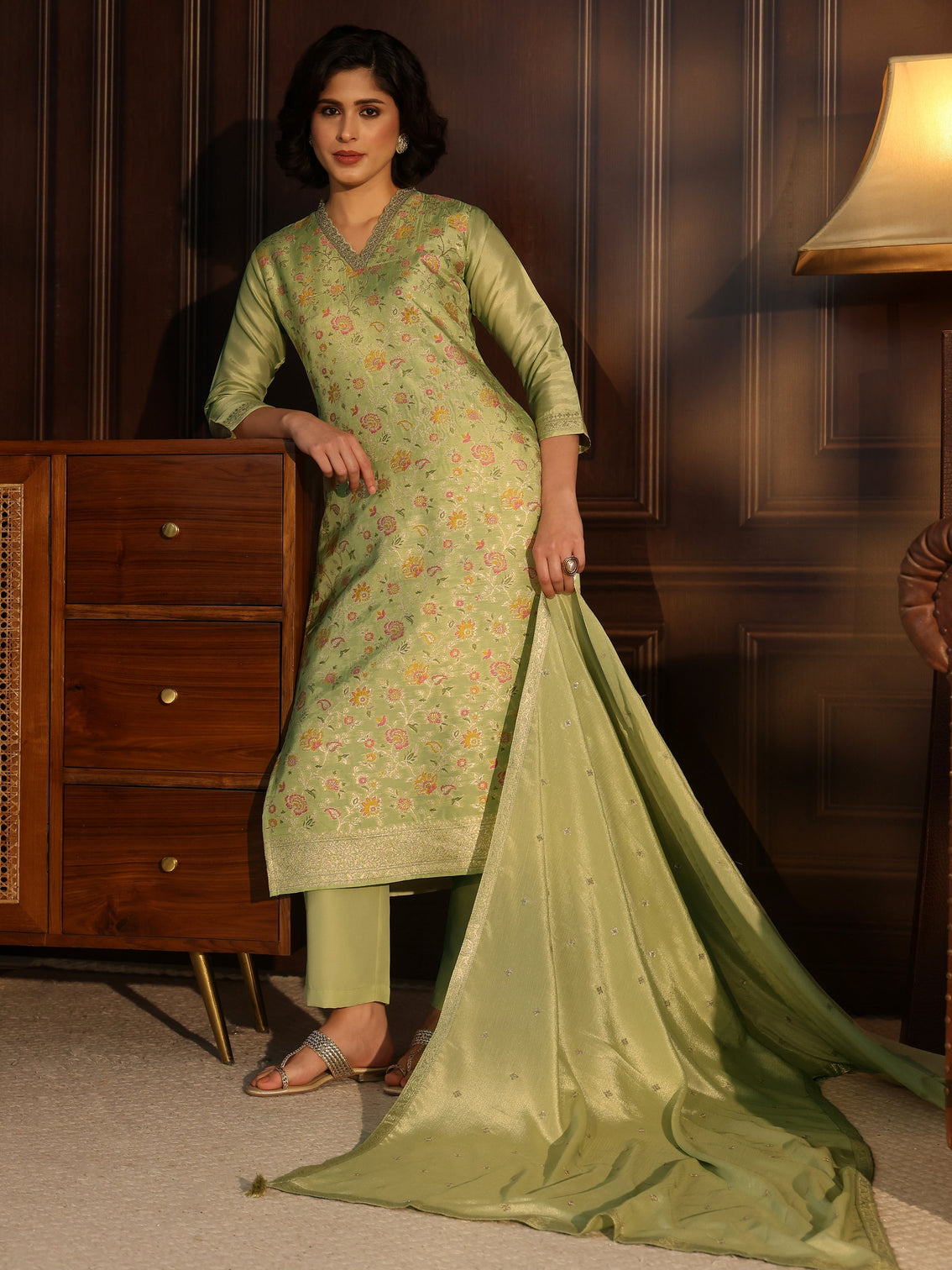 Mameraa Pista Green Floral Woven Design Silk Blend Straight Suit Set