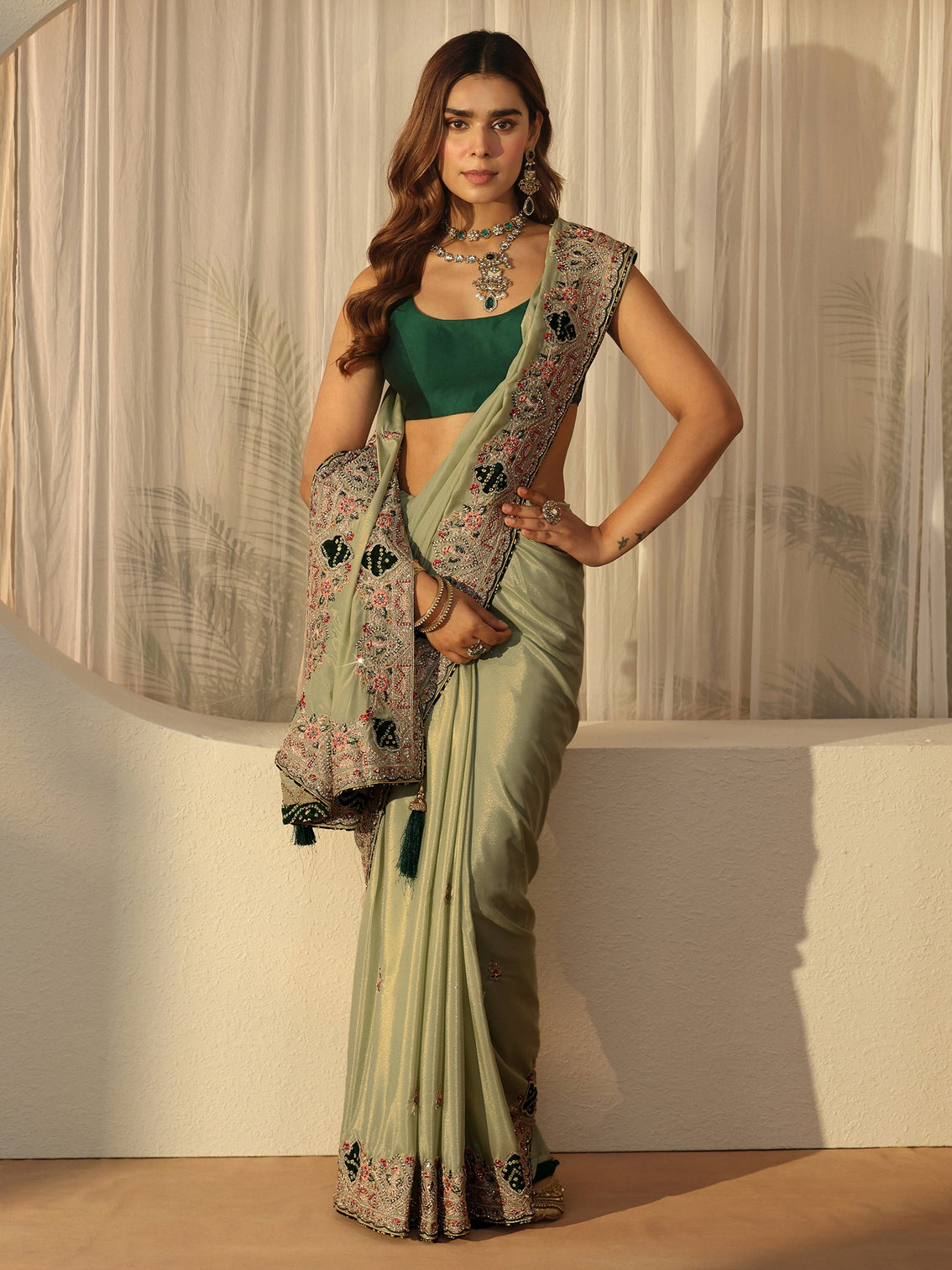Mameraa Pista Green Satin Saree with Embellished Border