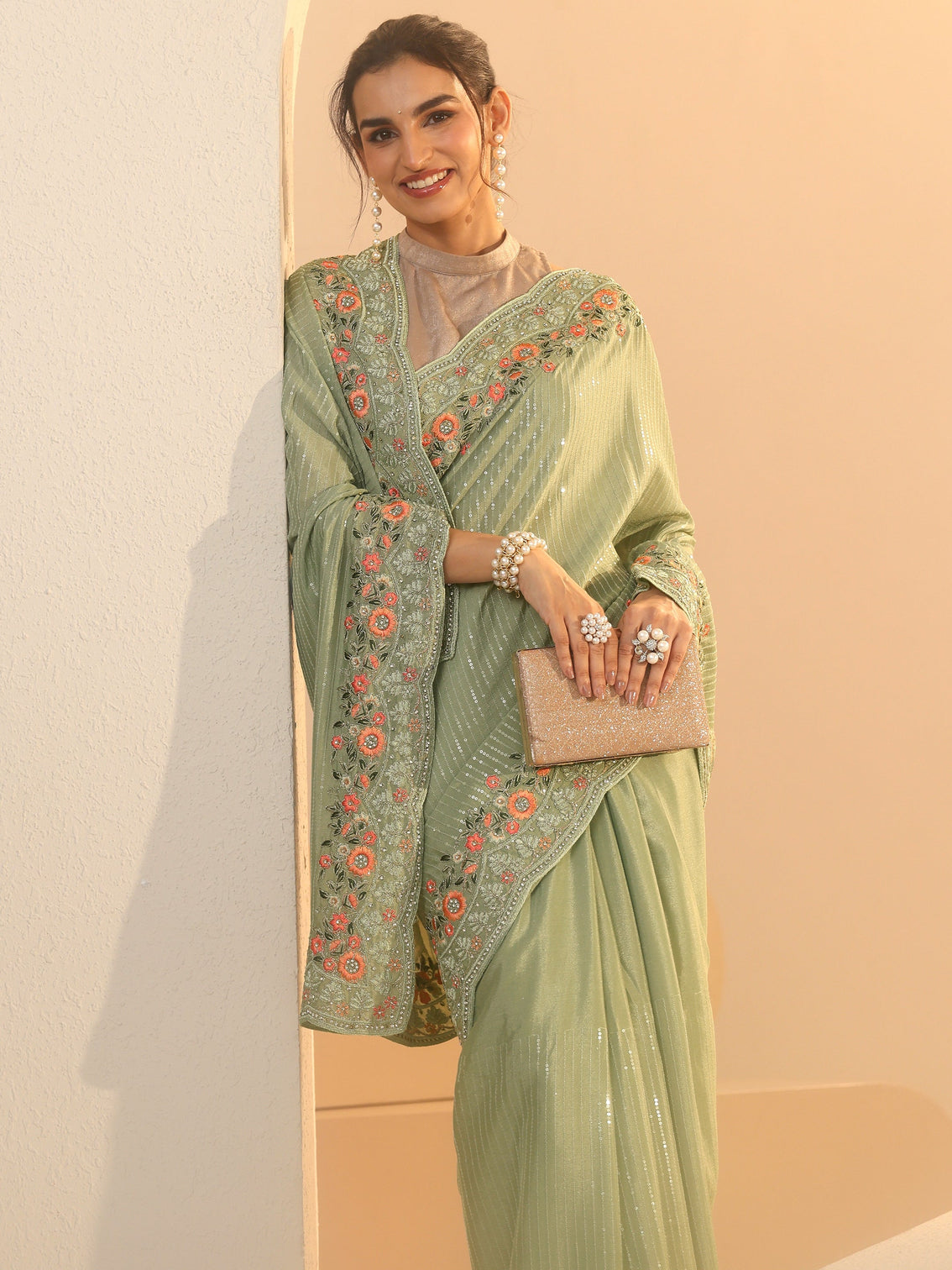 Mameraa Pista Green Striped Embellished Chiffon Saree with Floral Border