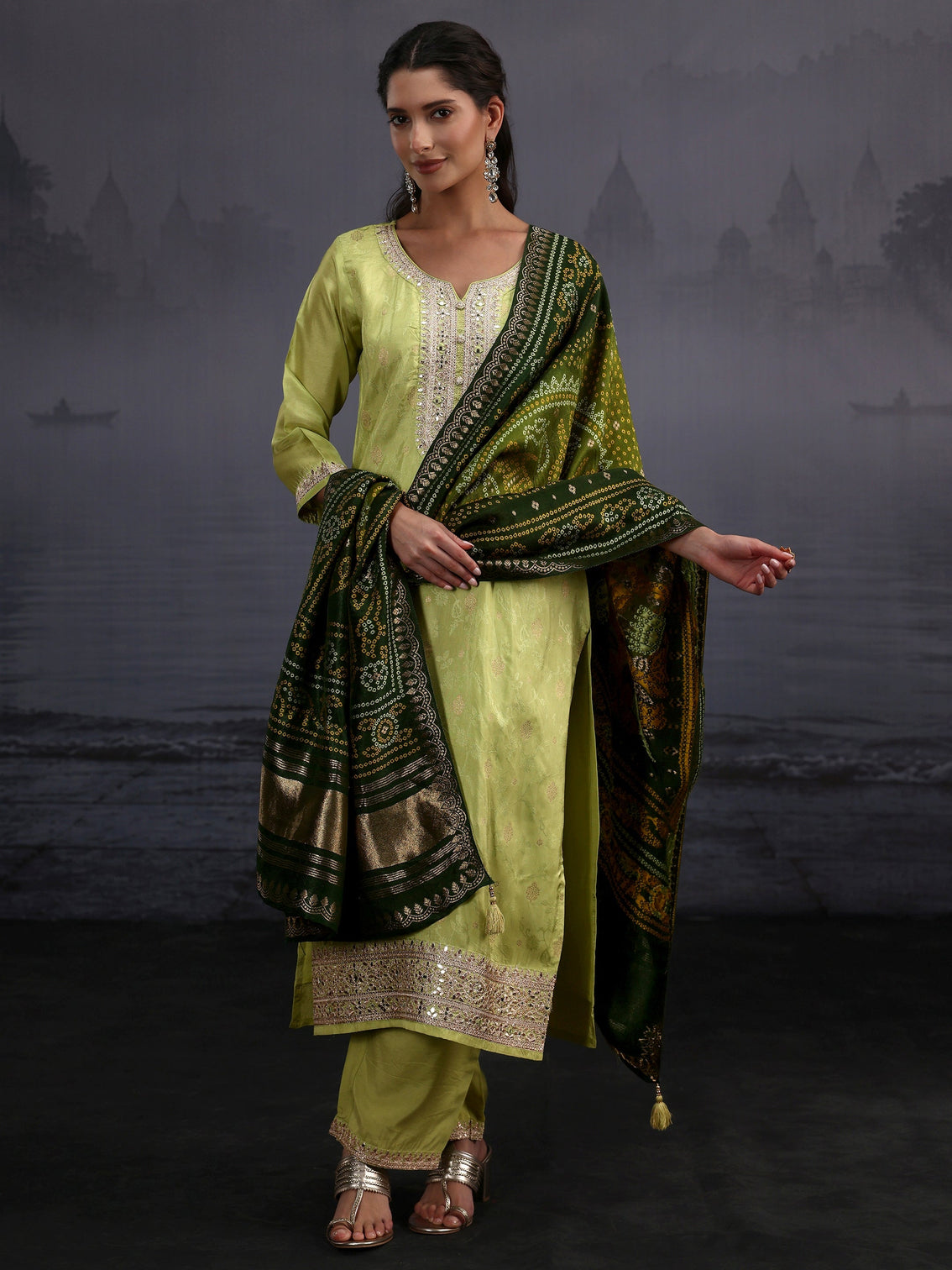Mameraa Pista Green Woven Design Silk Blend Straight Suit Set