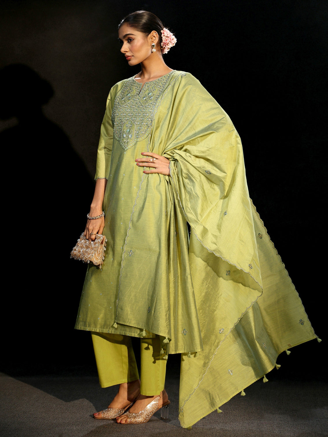 Mameraa Pista Green Yoke Embroidered Chanderi Silk Straight Suit Set