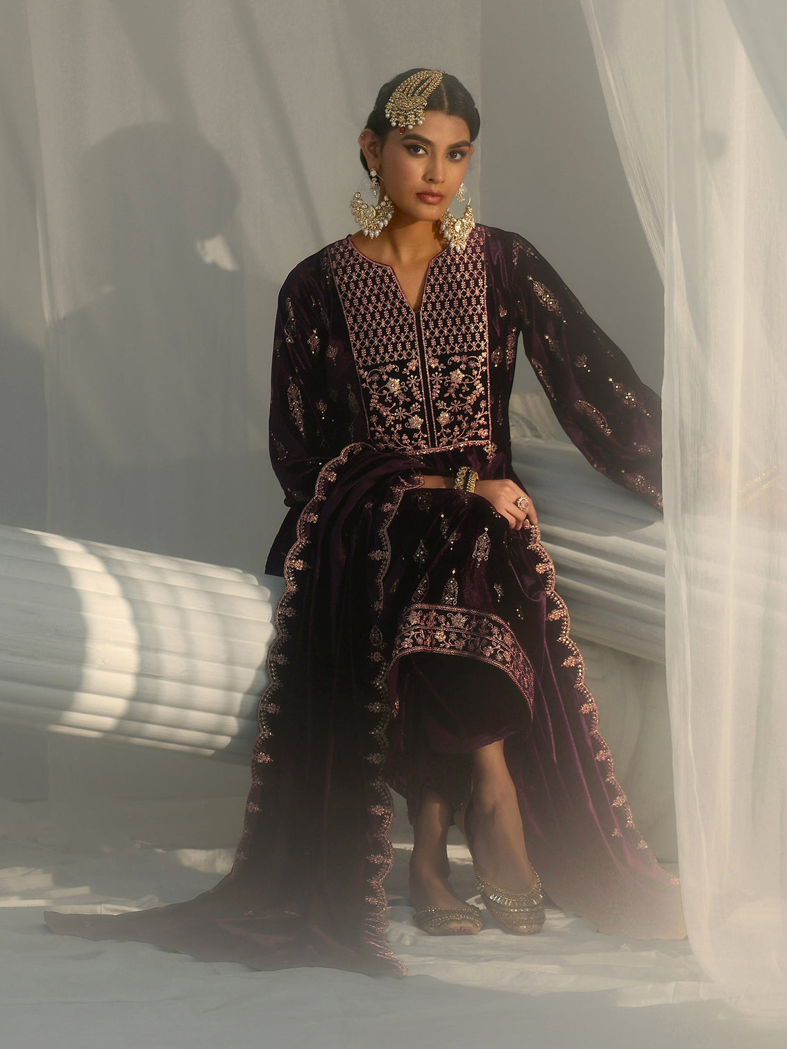 Mameraa Plum Puprle Floral Embroidered Velvet Straight Suit Set