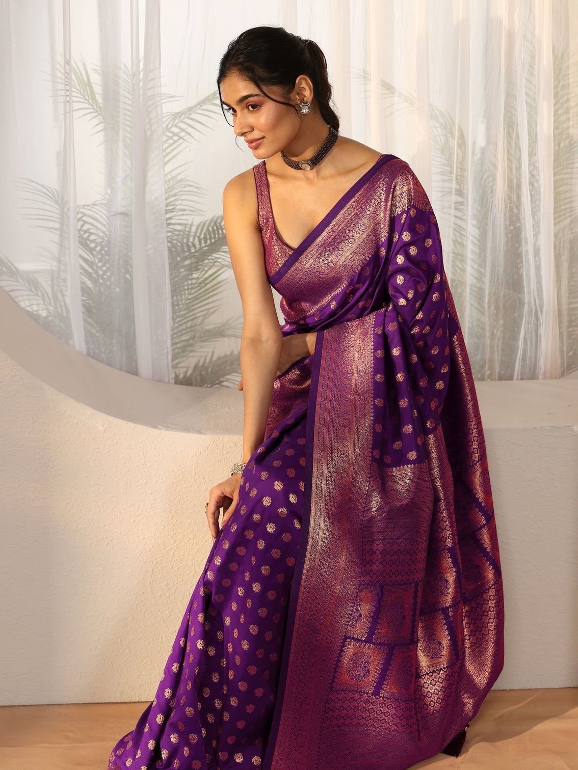 Mameraa Plum Purple Banarasi Silk Blend Saree