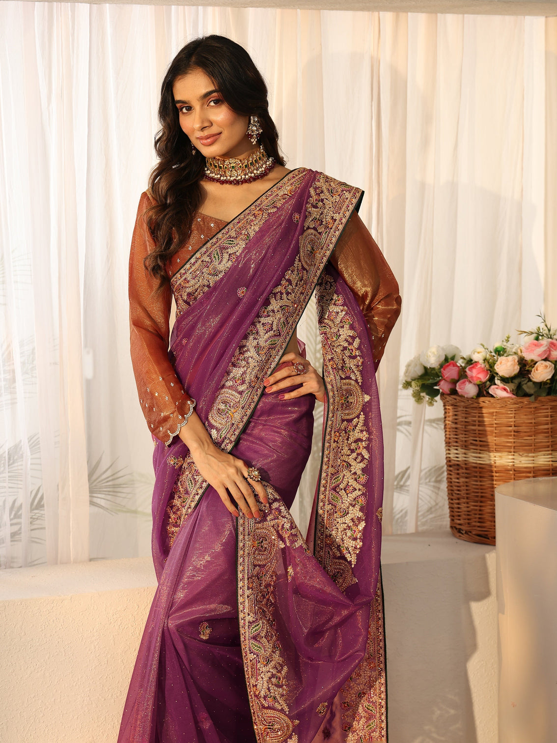 Mameraa Plum Purple Floral  Embroidered Net Saree