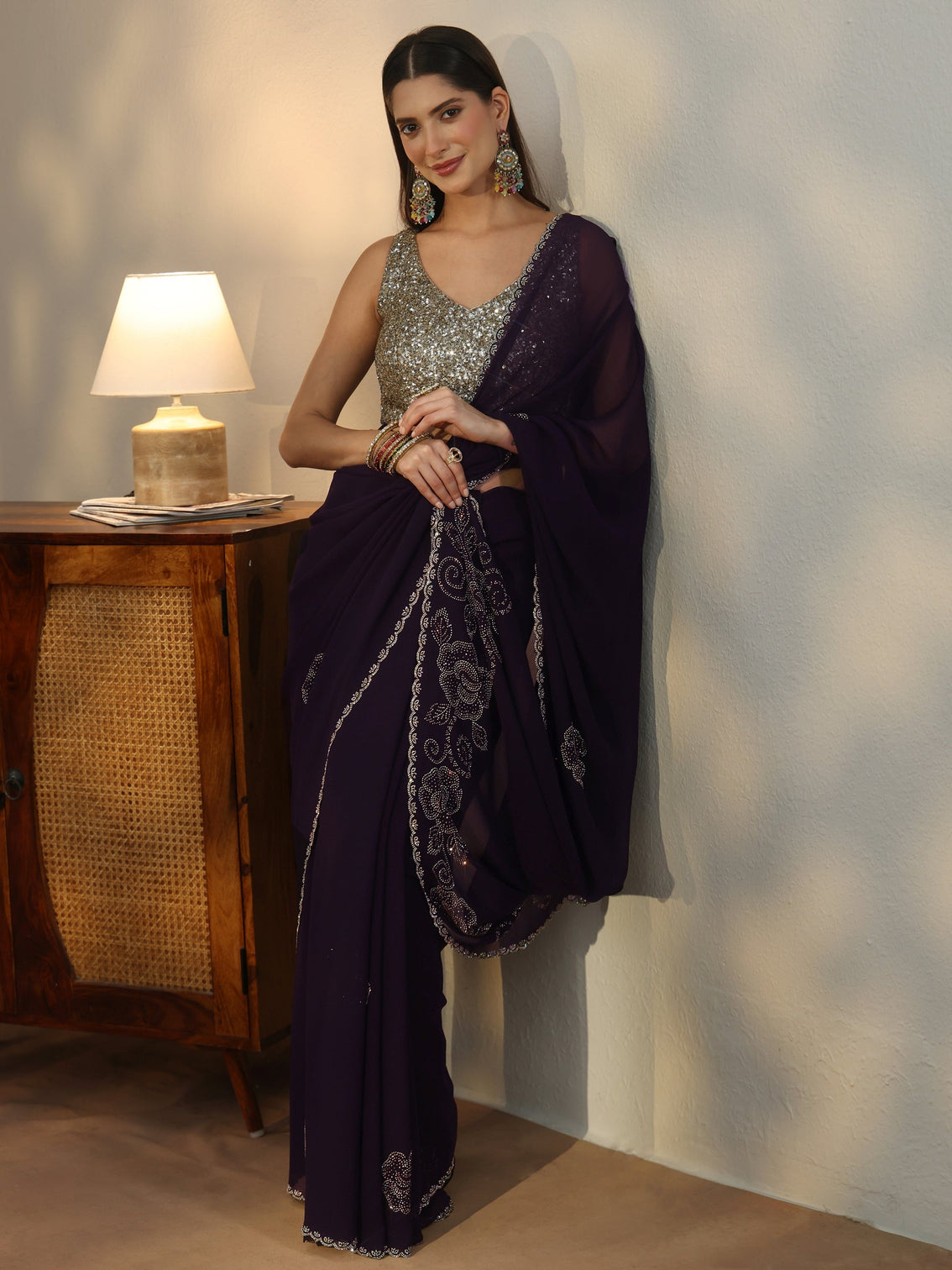 Mameraa Plum Purple Floral Embellished Georgette Saree