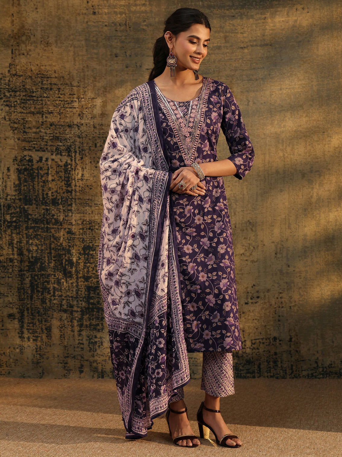 Mameraa Plum Purple Floral Printed Cotton Straight Suit Set