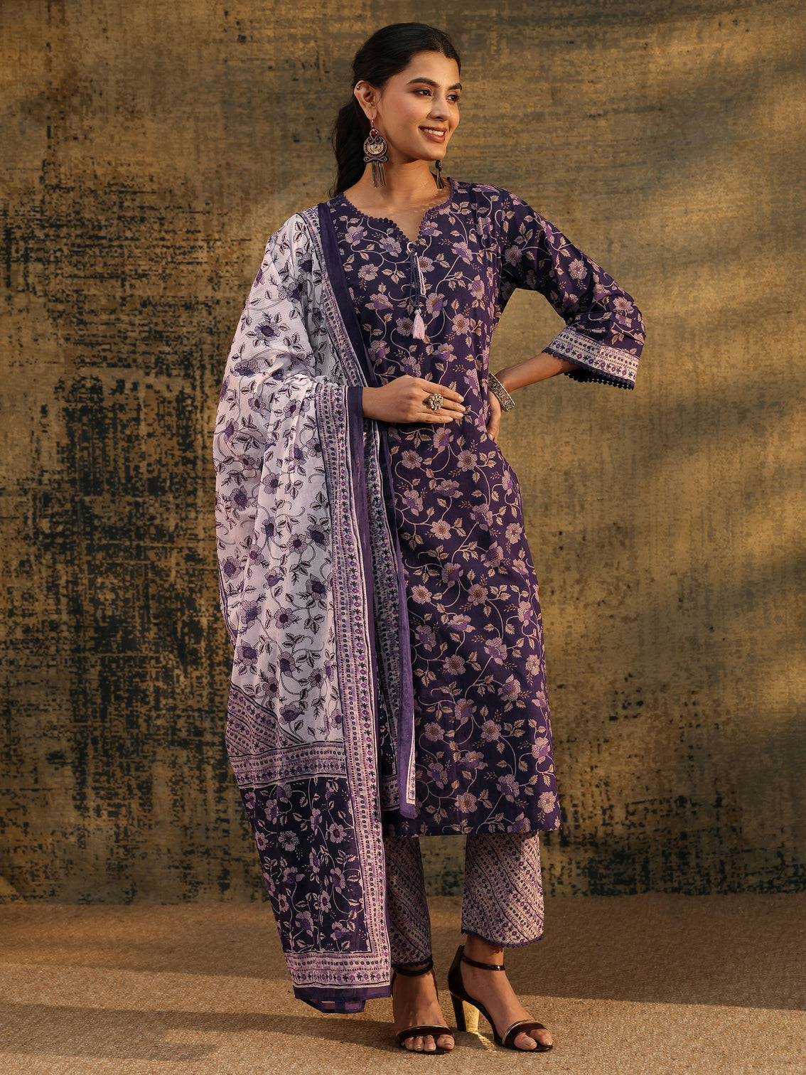 Mameraa Plum Purple Floral Printed Cotton Straight Suit Set