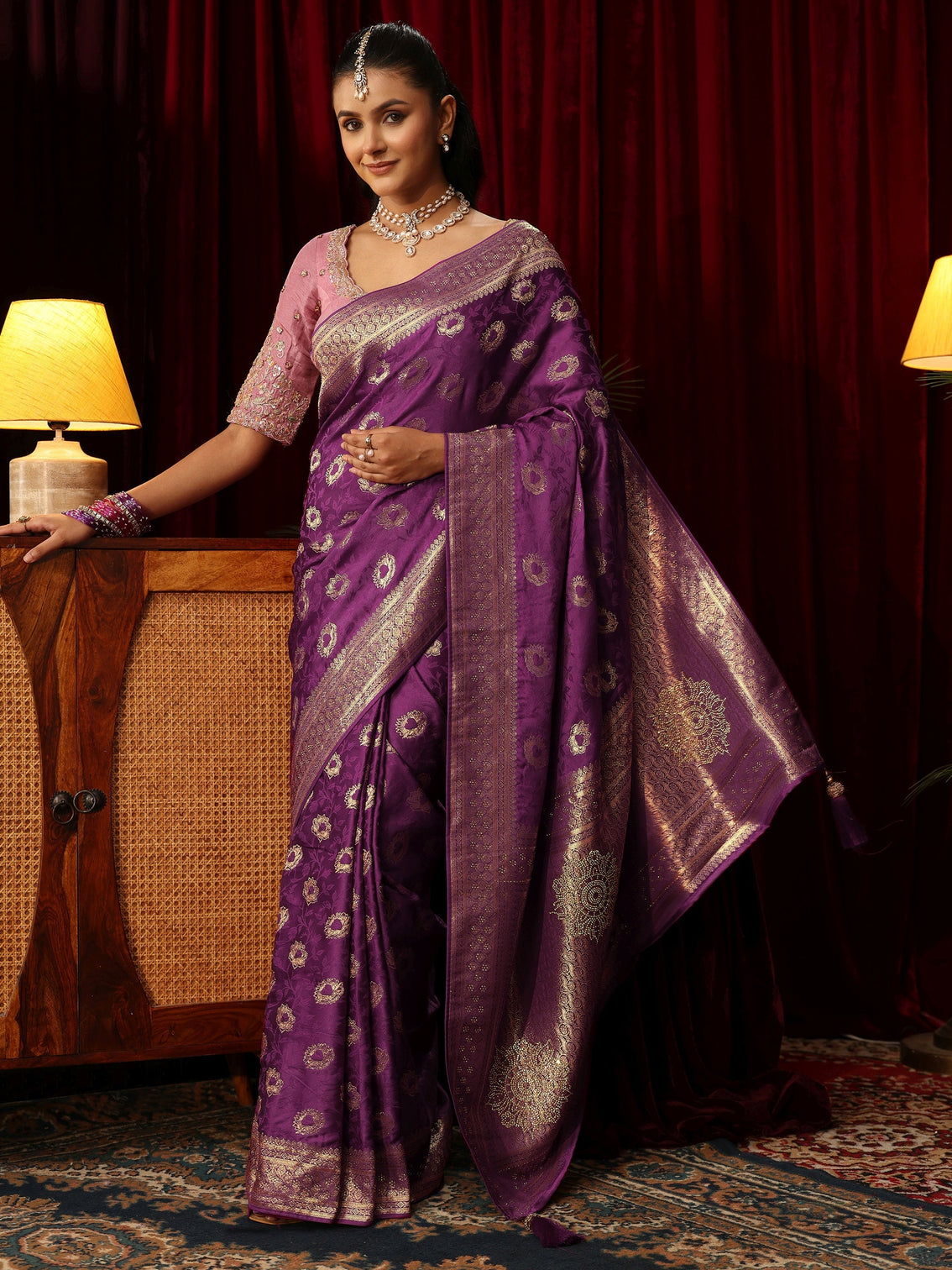 Mameraa Plum Purple Floral Woven Design Satin Saree with Stone Work
