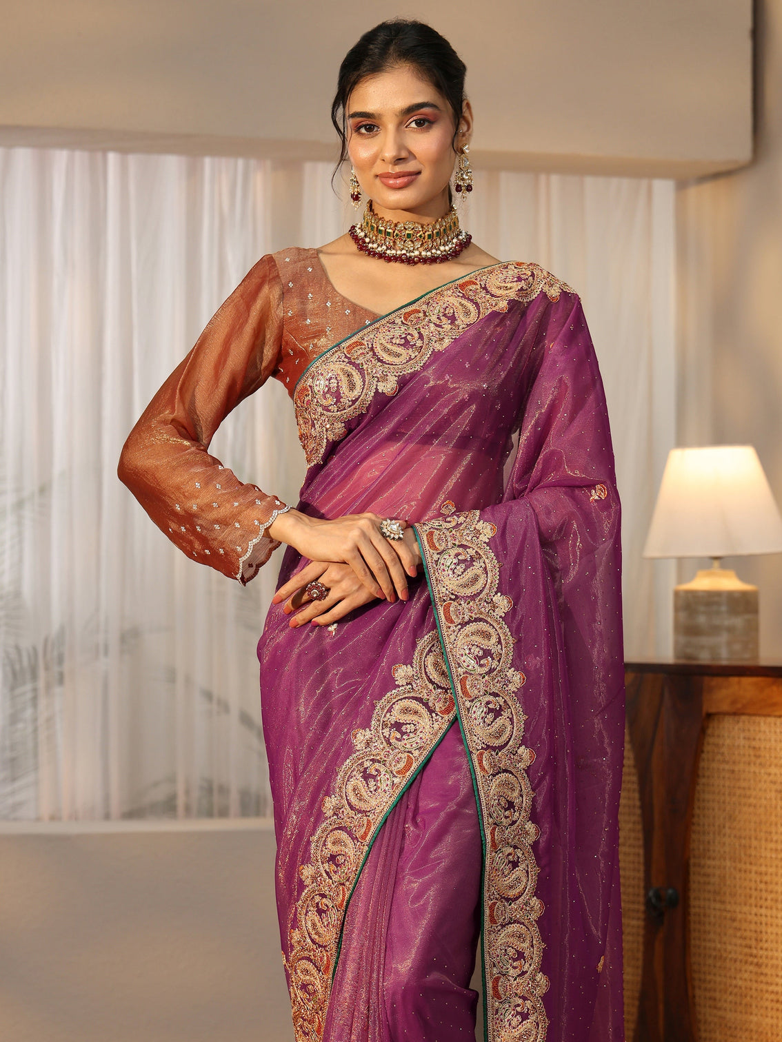 Mameraa Plum Purple Net Saree with Embellished Paisley Border
